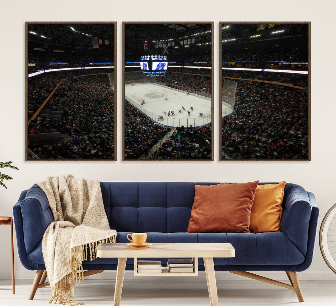 The wall art captures the essence of a Buffalo Sabres game on ice at KeyBank Center, making it deserving of a premium canvas print.