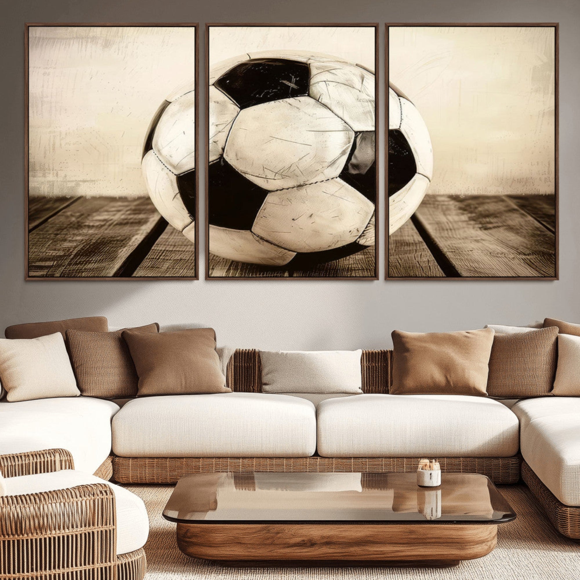 24319-MGV-CV-36X24-Vintage Soccer Ball Wall Decor Canvas Art – 3-Panel Soccer Wall Decor, Framed and Ready to Hang