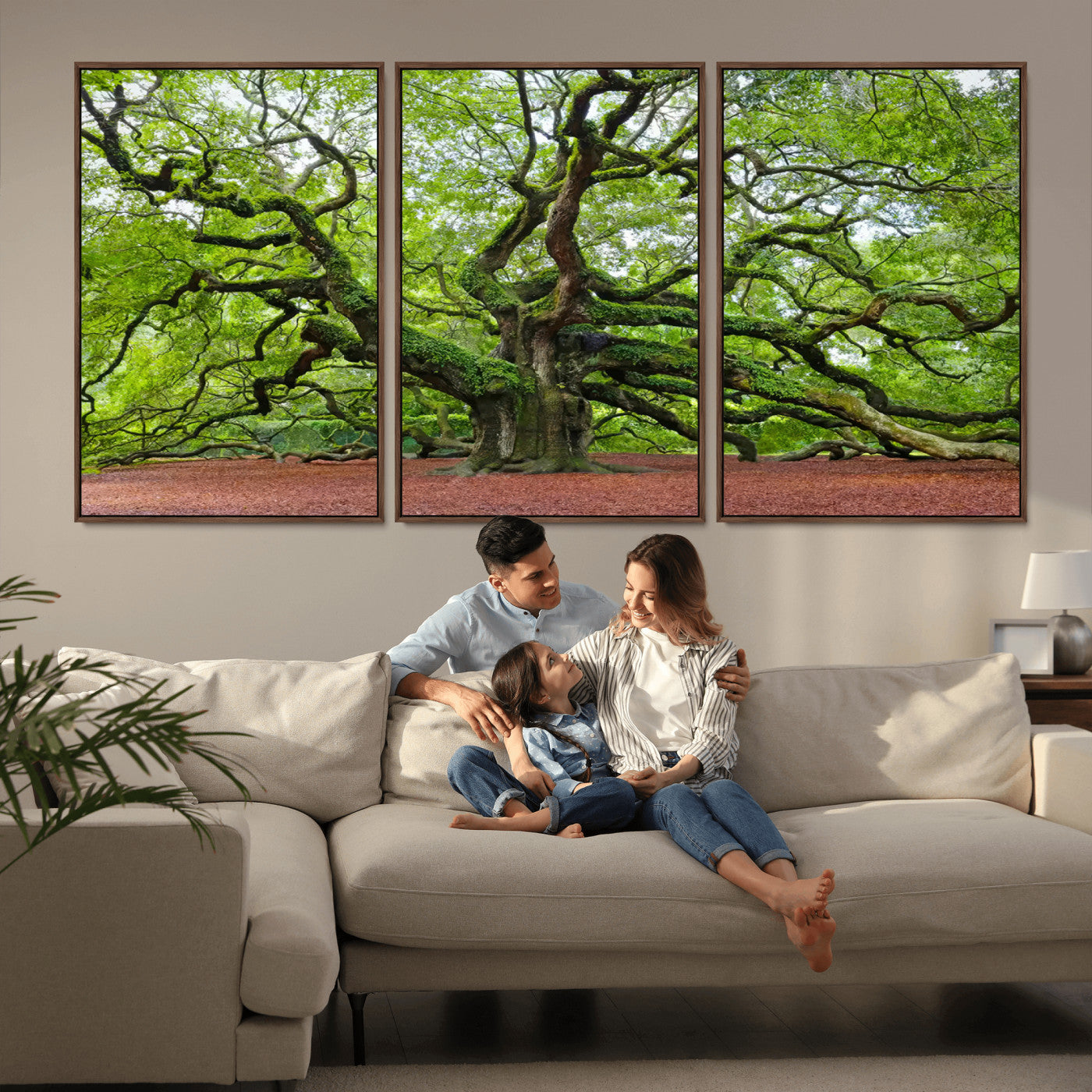 MGV-FC-60X30-3P - Framed Angel Oak Tree Wall Art - 3-Panel Canvas Prints, Large Green Nature Artwork, Ready to Hang