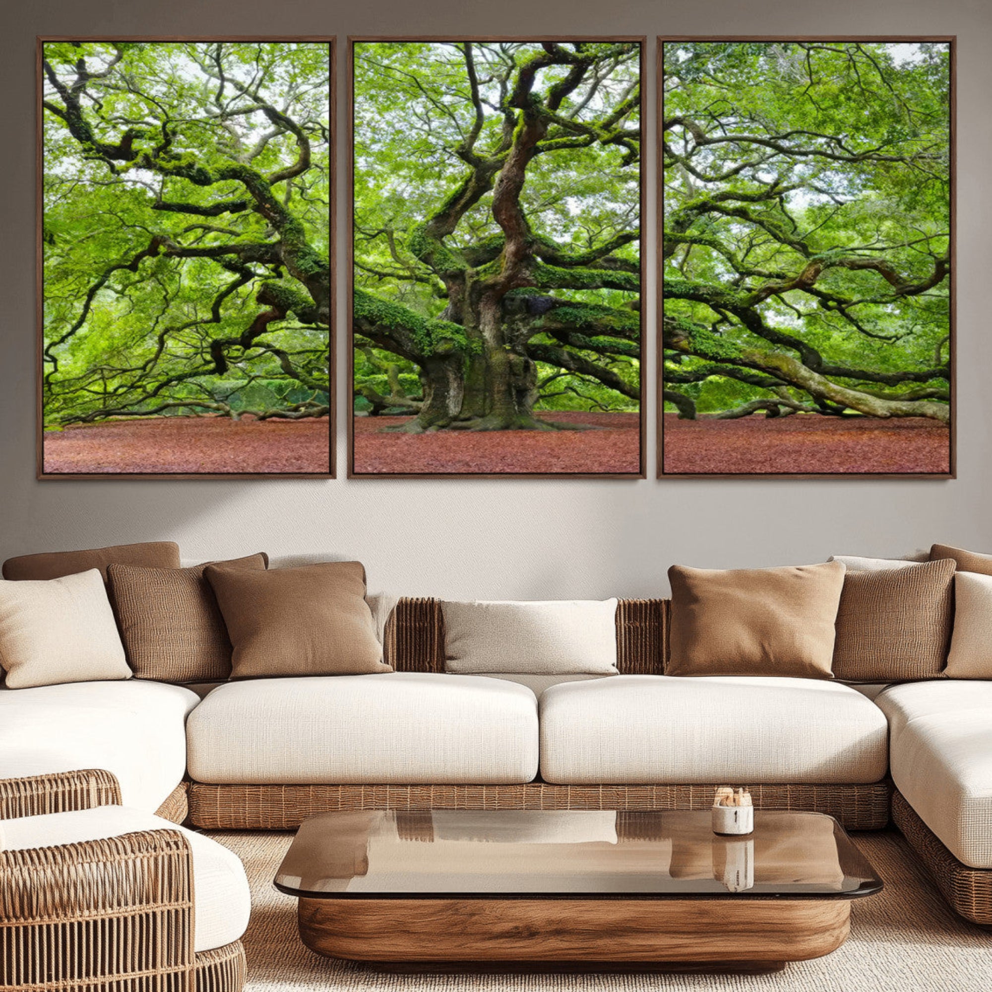 40313-MGV-CV-36X24-Framed Angel Oak Tree Wall Art - 3-Panel Canvas Prints, Large Green Nature Artwork, Ready to Hang