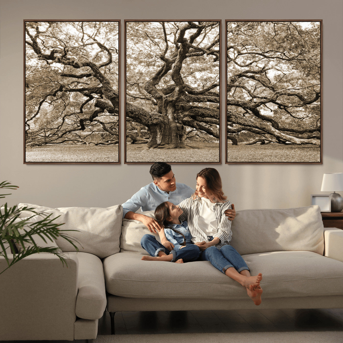 51126-MGV-CV-36X24-Sepia Framed Angel Oak Tree Wall Art - 3-Panel Canvas Prints, Large Green Nature Artwork, Ready to