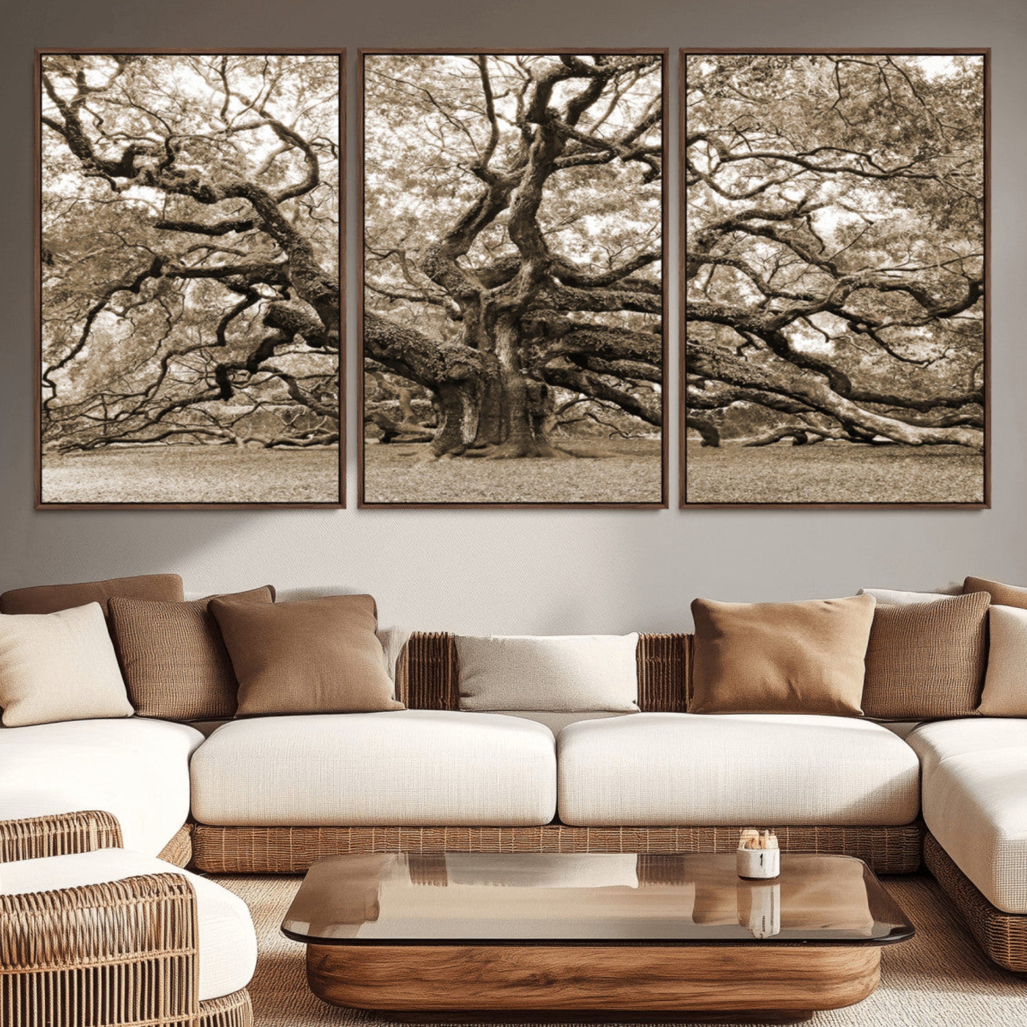 51126-MGV-CV-36X24-Sepia Framed Angel Oak Tree Wall Art - 3-Panel Canvas Prints, Large Green Nature Artwork, Ready to