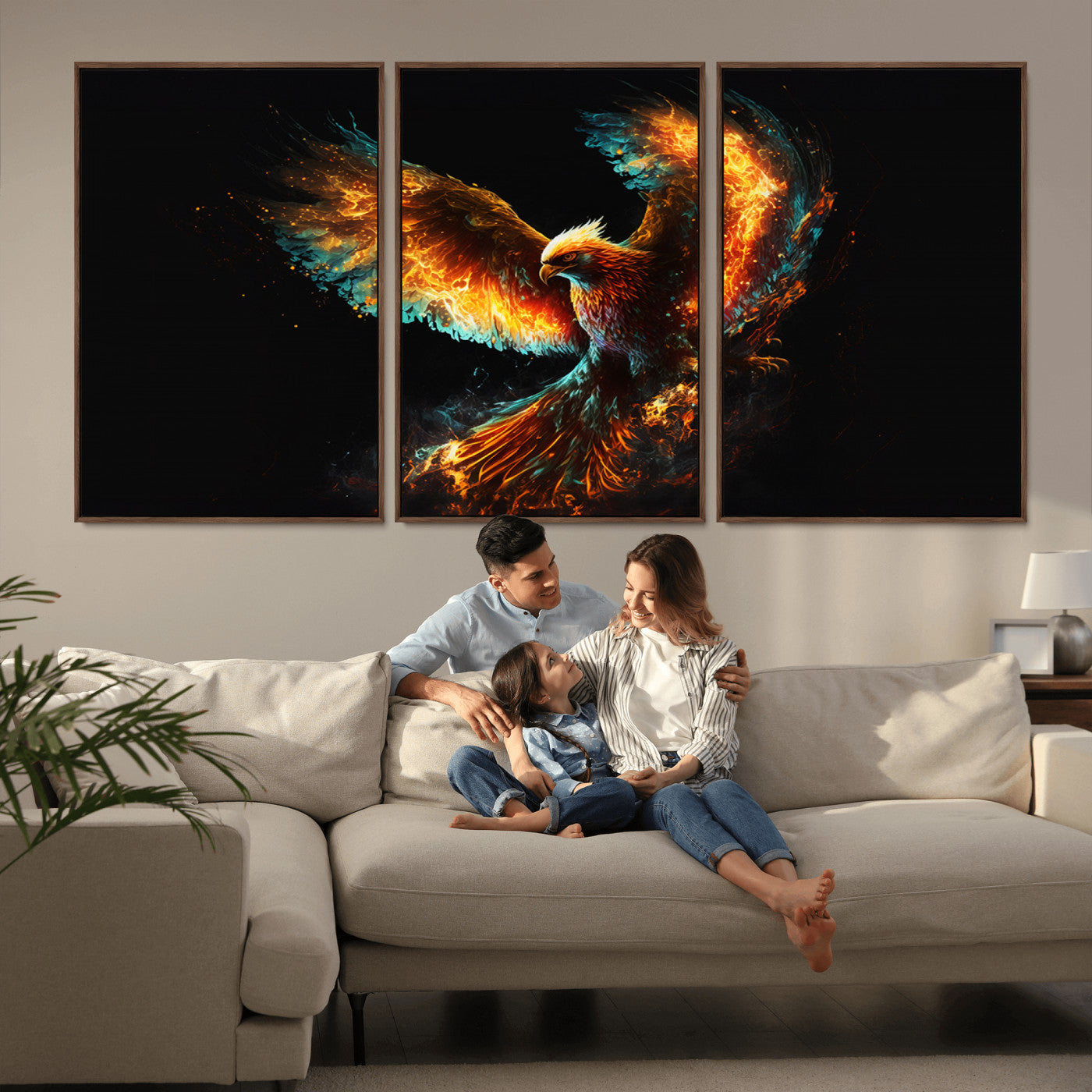 MGV-FC-60X30-3P - Fiery Phoenix Canvas Print | Ready to Hang Wall Art | Bold Fantasy Decor for Living Room | Majestic