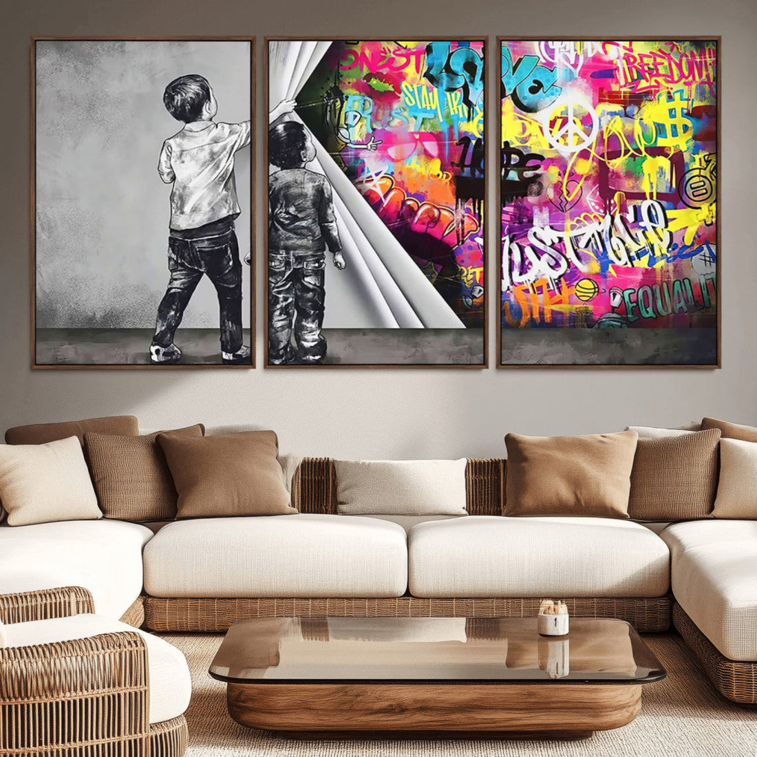 Banksy Print, Street Art Canvas Wall Art, Kids Revealing Graffiti, Urban Modern Decor