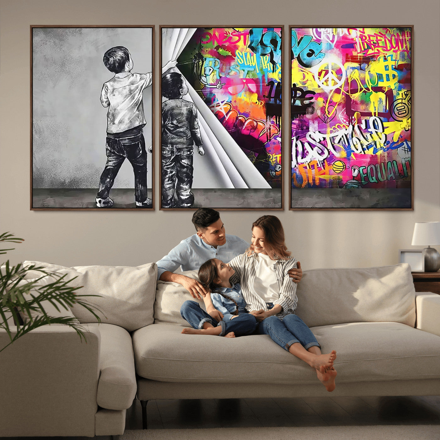 MGV-FC-60X30-3P - Banksy Print - Street Art Canvas Wall Art - Kids Revealing Graffiti, Urban Modern Decor for Living
