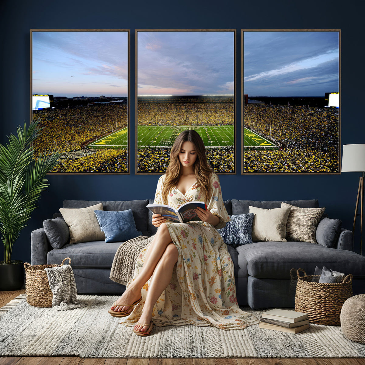 82641-MGV-CV-36X24 - Michigan Stadium Wall Art Canvas Print – Framed Football Field Scene with Marching Band Artwork for Home, Office