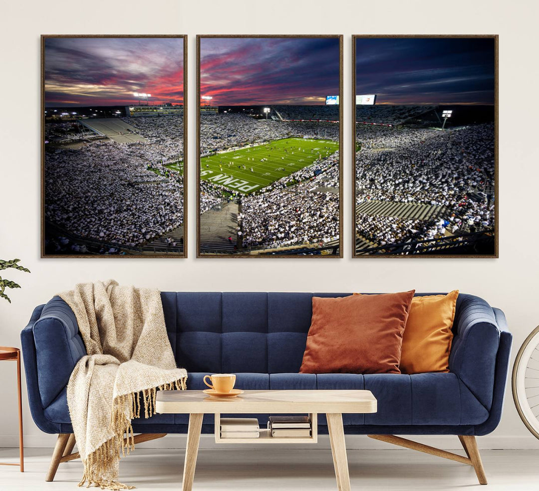 A sunset print on a canvas wall art piece captures the scene of white-clad fans at Beaver Stadium for the Nittany Lions game.