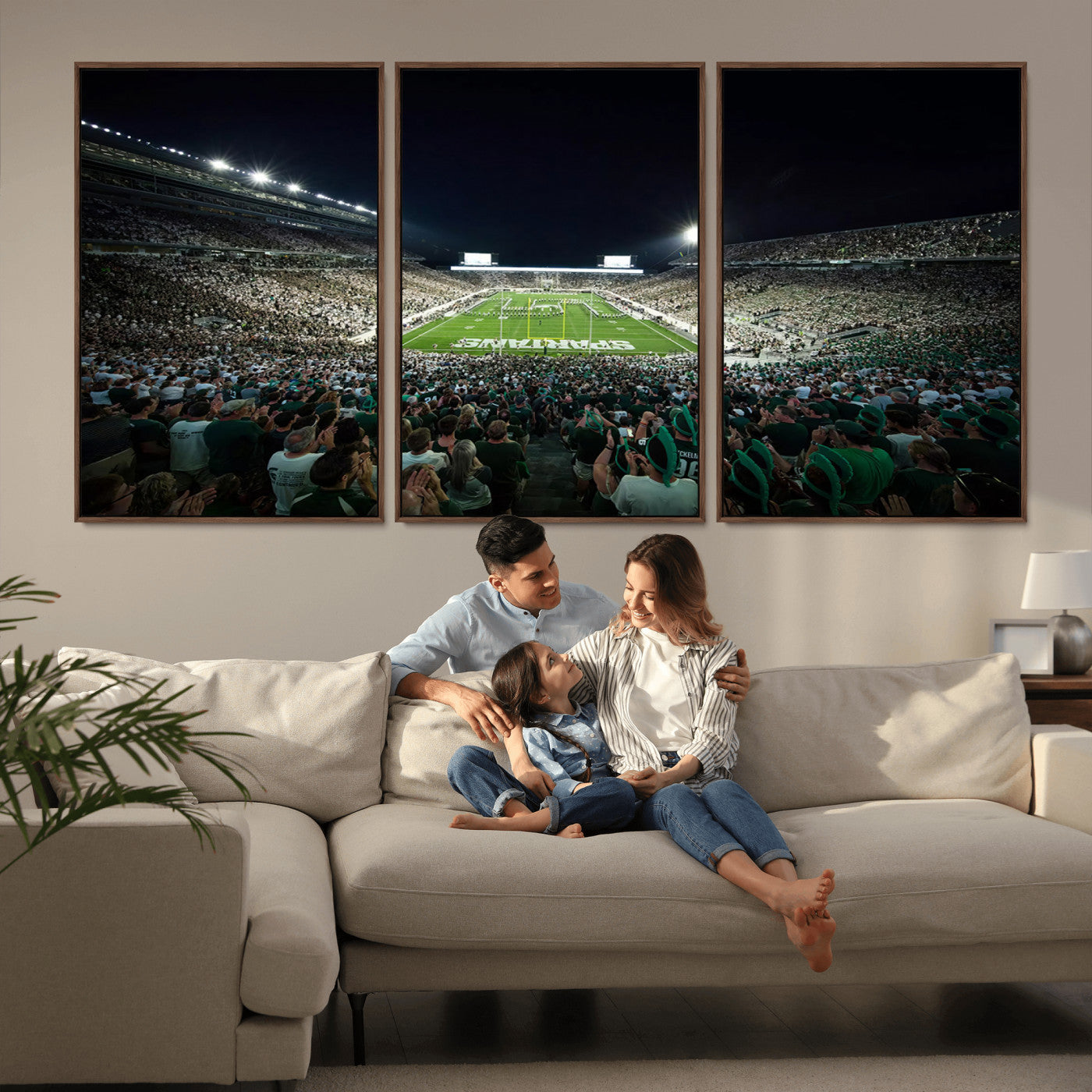 MGV-FC-60X30-3P - Framed Michigan State Spartans Football Team Print - East Lansing Spartan Stadium Wall Art Canvas