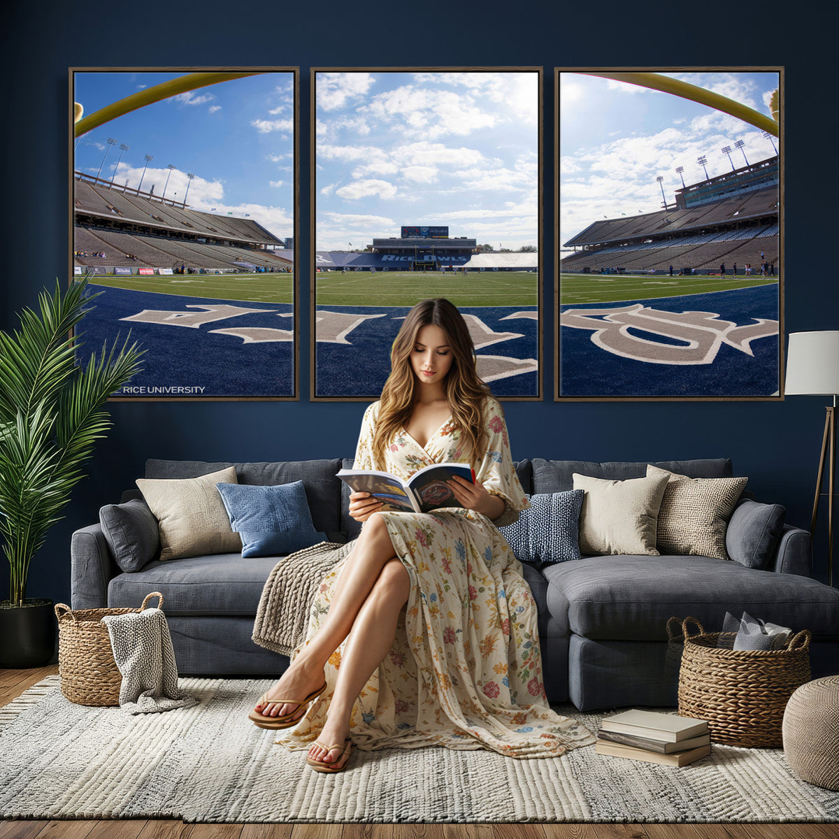 50267-MGV-CV-36X24 - Rice University Owls Football Team Print, Houston Rice Stadium, Framed and Ready to Hang