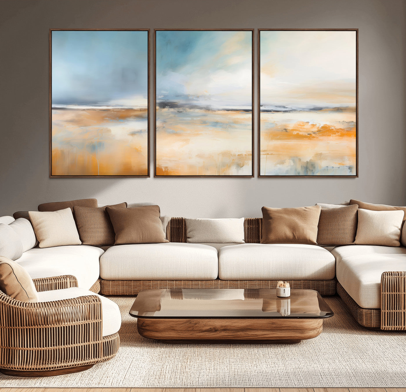 -Abstract Landscape Wall Art Canvas Print - Warm Tones of Orange and Blue, Modern Framed Art for Home