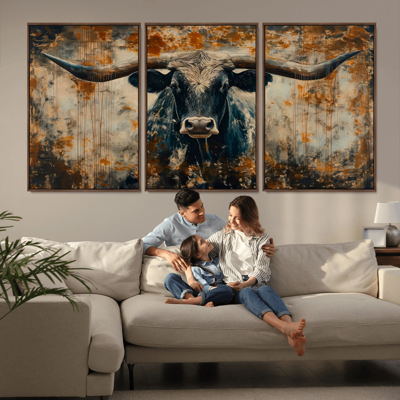 MGV-FC-60X30-3P - Abstract Longhorn Bull Wall Art | Rustic Western Wall Decor | Framed and Ready to Hang | Ideal for