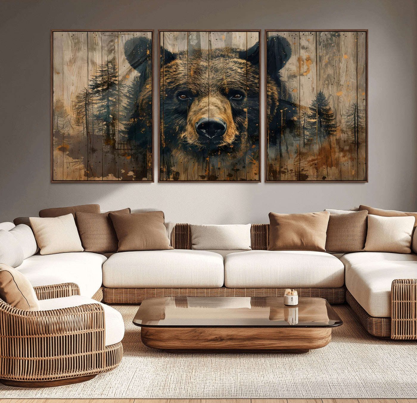 51373-MGV-CV-36X24-Abstract 399 Bear Wall Art | Rustic Cabin Wall Decor with Forest Design | Framed and Ready to Hang |
