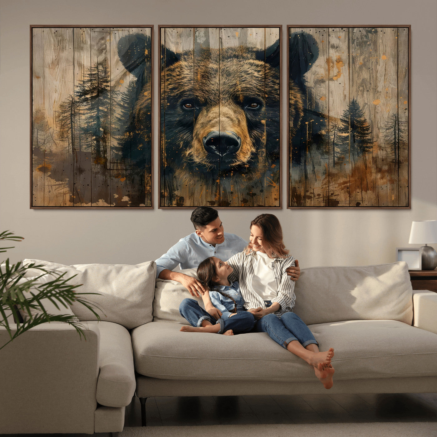 MGV-FC-60X30-3P - Abstract 399 Bear Wall Art | Rustic Cabin Wall Decor with Forest Design | Framed and Ready to Hang |