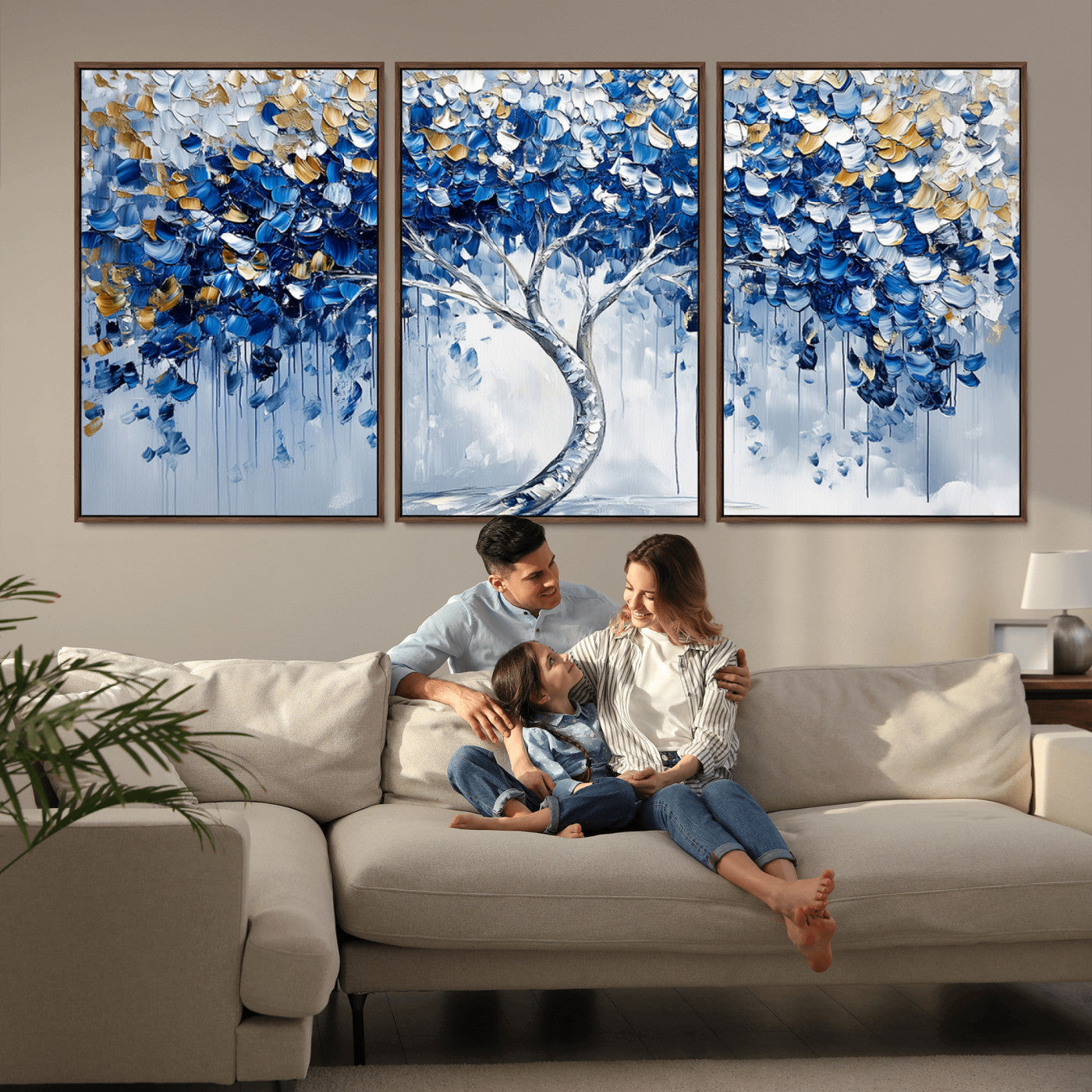 MGV-FC-60X30-3P - Blue and Gold Abstract Tree Wall Art Canvas Print | Modern Tree of Life Painting | Framed Canvas