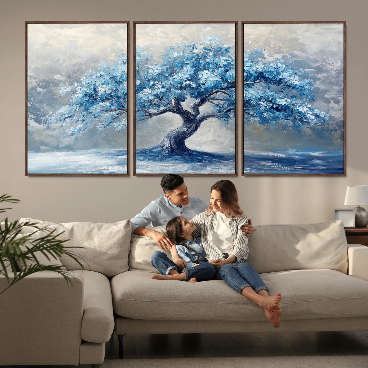 MGV-FC-60X30-3P - Abstract Blue Tree Art Canvas Print, Majestic Tree Wall Art Print for Farmhouse Decor
