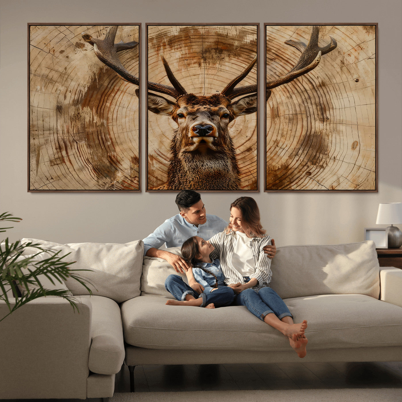 MGV-FC-60X30-3P - Wood Abstract Deer Wall Art | Rustic Wildlife Canvas Print | Ready to Hang Stag Head Triptych for