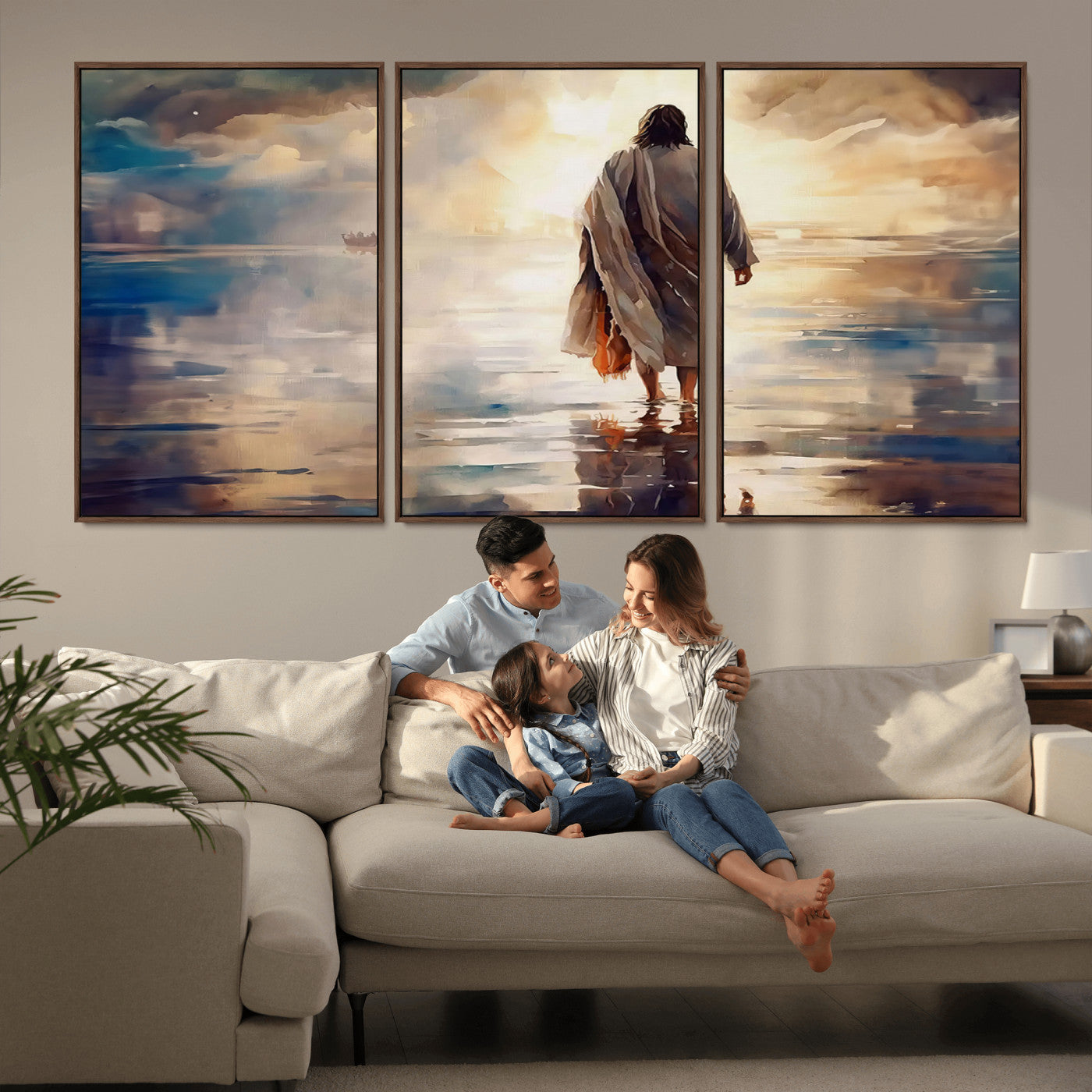 MGV-FC-60X30-3P - Jesus Walking on Water Wall Art | Ready to Hang Spiritual Triptych Canvas Print | Inspirational