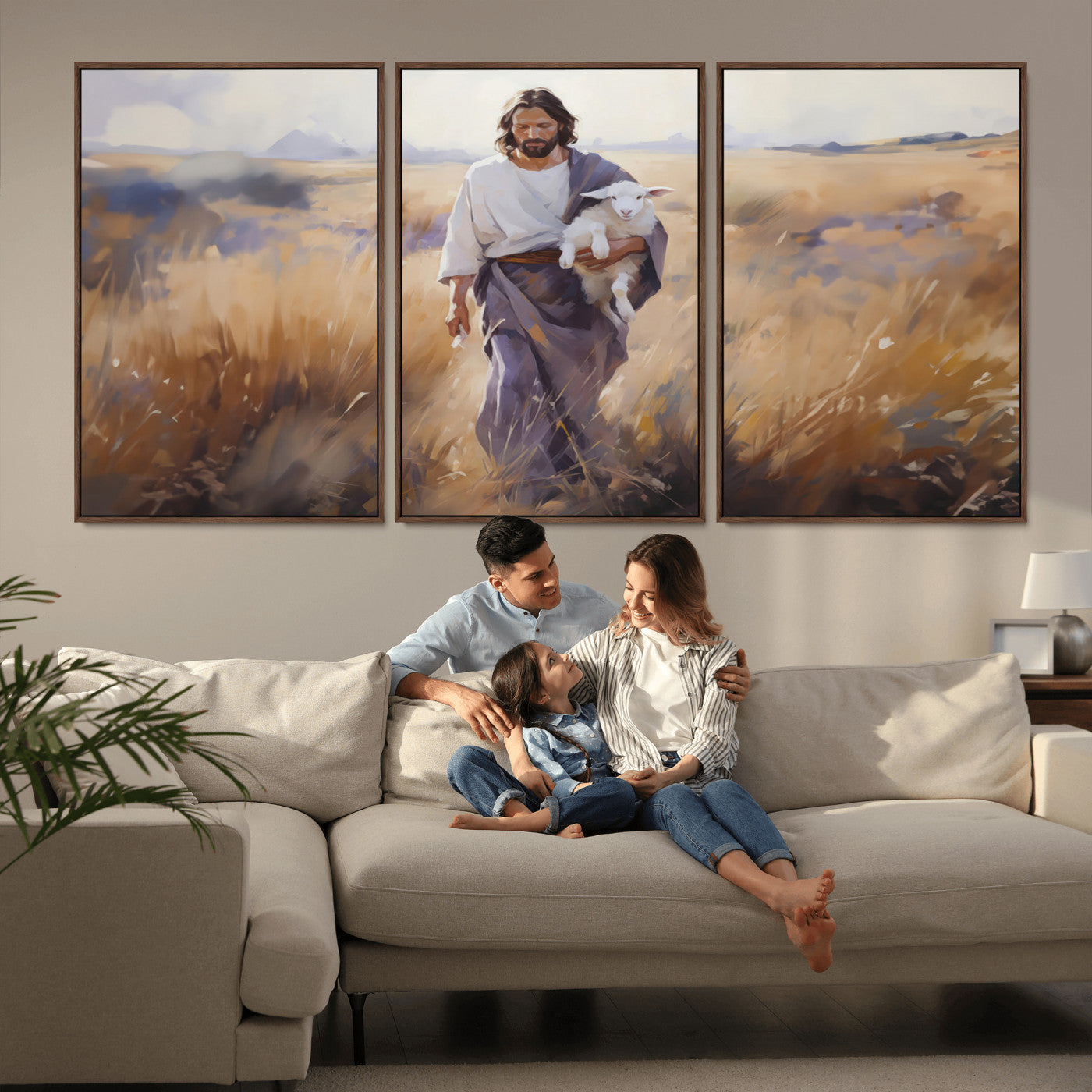 MGV-FC-60X30-3P - Jesus the Good Shepherd Wall Art Canvas Print - Lost Lamb Print for Prayer Room Decor