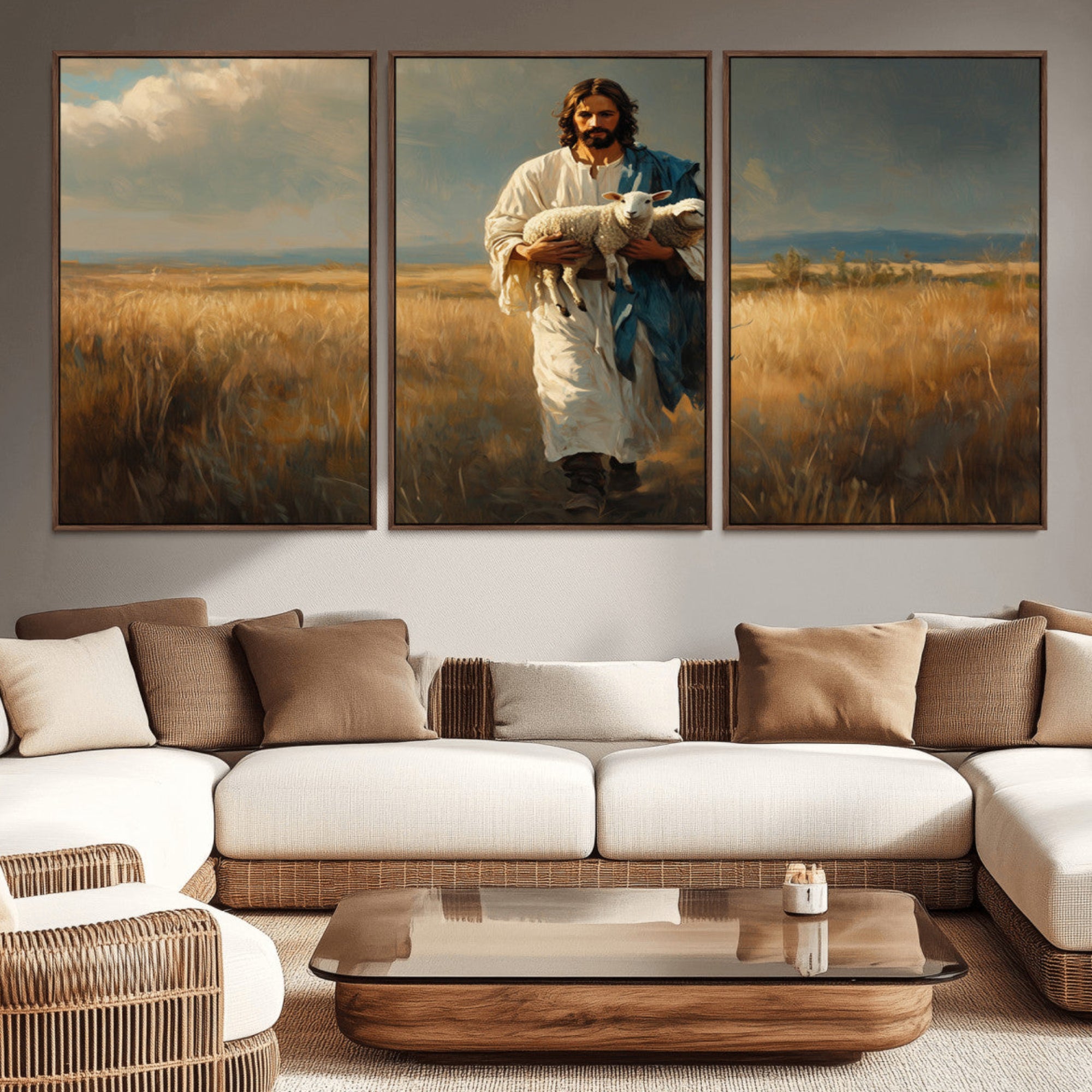 -Jesus Shepherd Wall Art | Ready to Hang Triptych Canvas of Jesus Holding a Lamb in a Field |