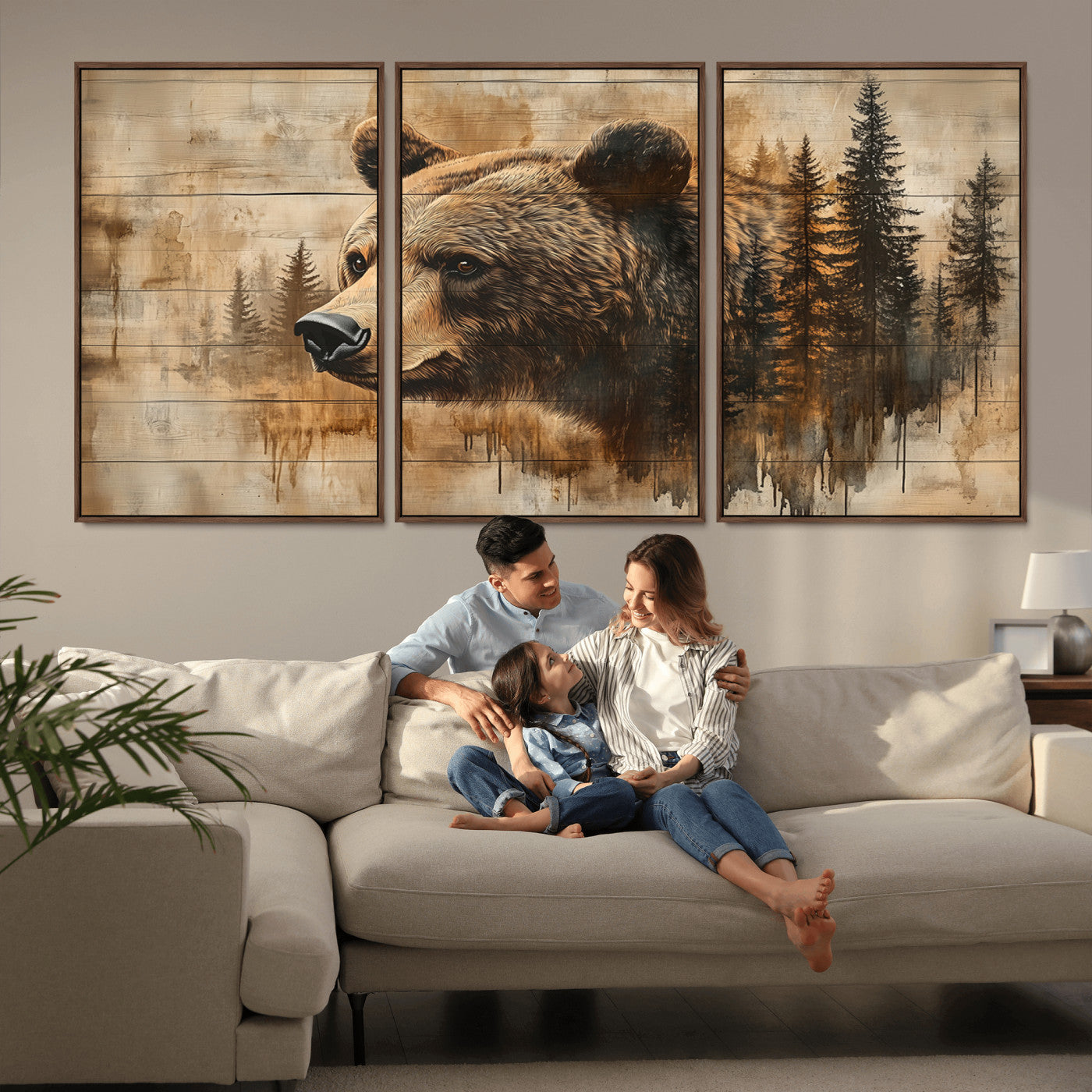 MGV-FC-60X30-3P - Rustic Grizzly Bear Wall Art, Abstract Grizzly 399 Bear Wall Art Canvas Print - Woodland Wildlife