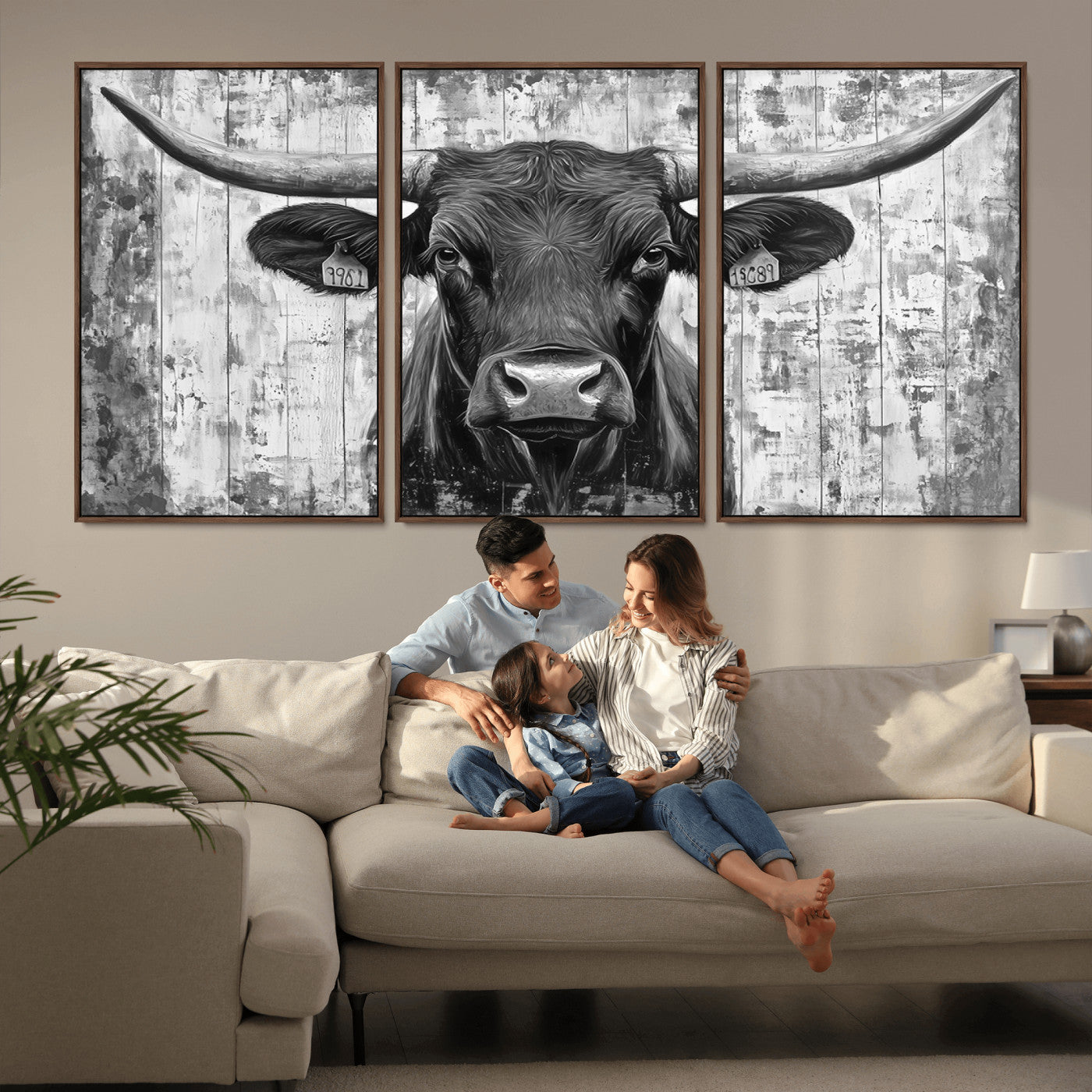 MGV-FC-60X30-3P - Abstract Longhorn Bull Wall Art Canvas Print - Rustic Texas Western Cow Artwork