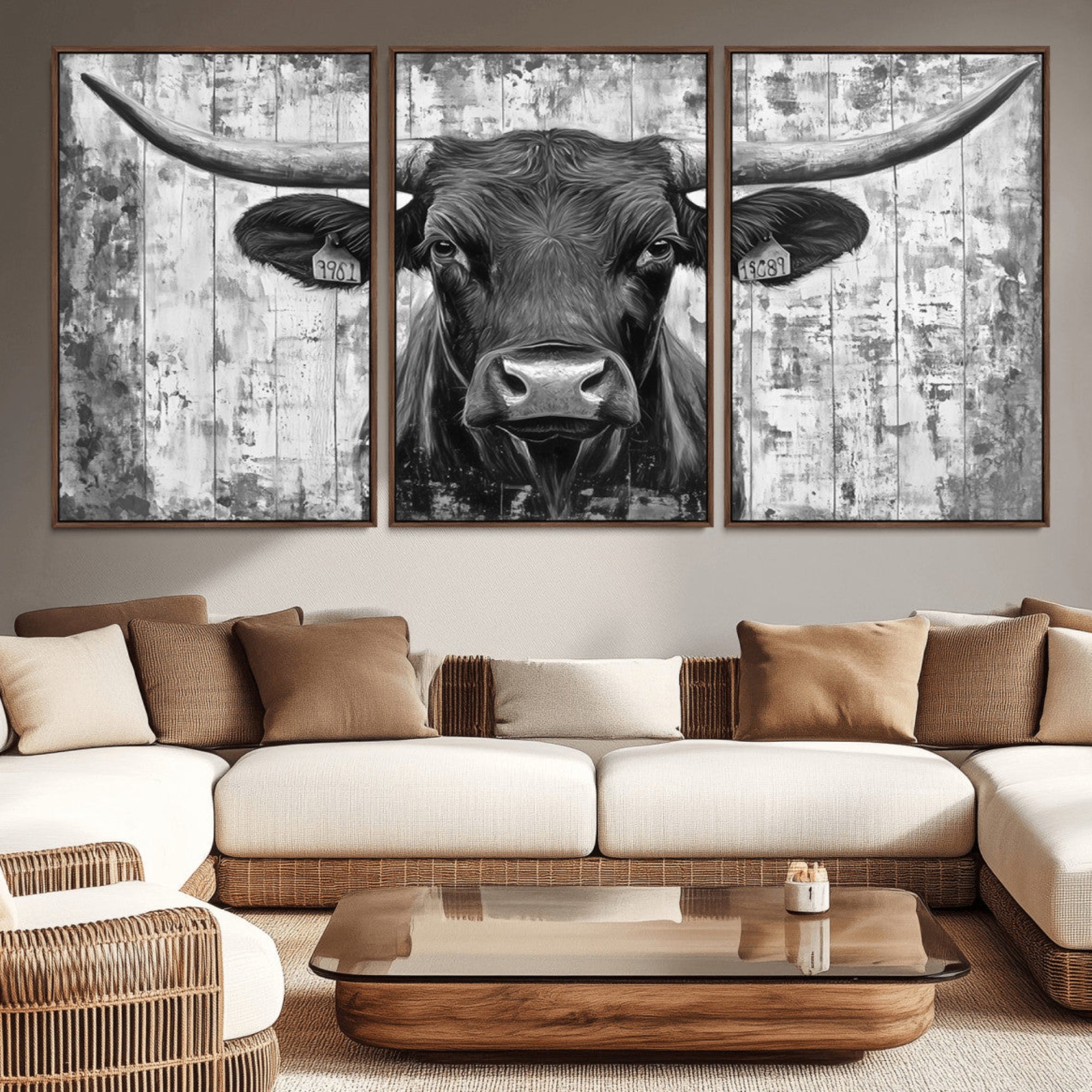 -Abstract Longhorn Bull Wall Art Canvas Print - Rustic Texas Western Cow Artwork