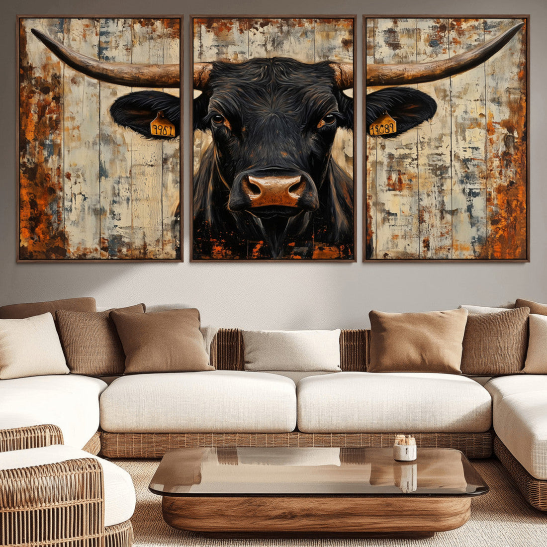 Rustic Texas Artwork Wall Art Canvas Print, Abstract Cow Longhorn Bull Wall Art