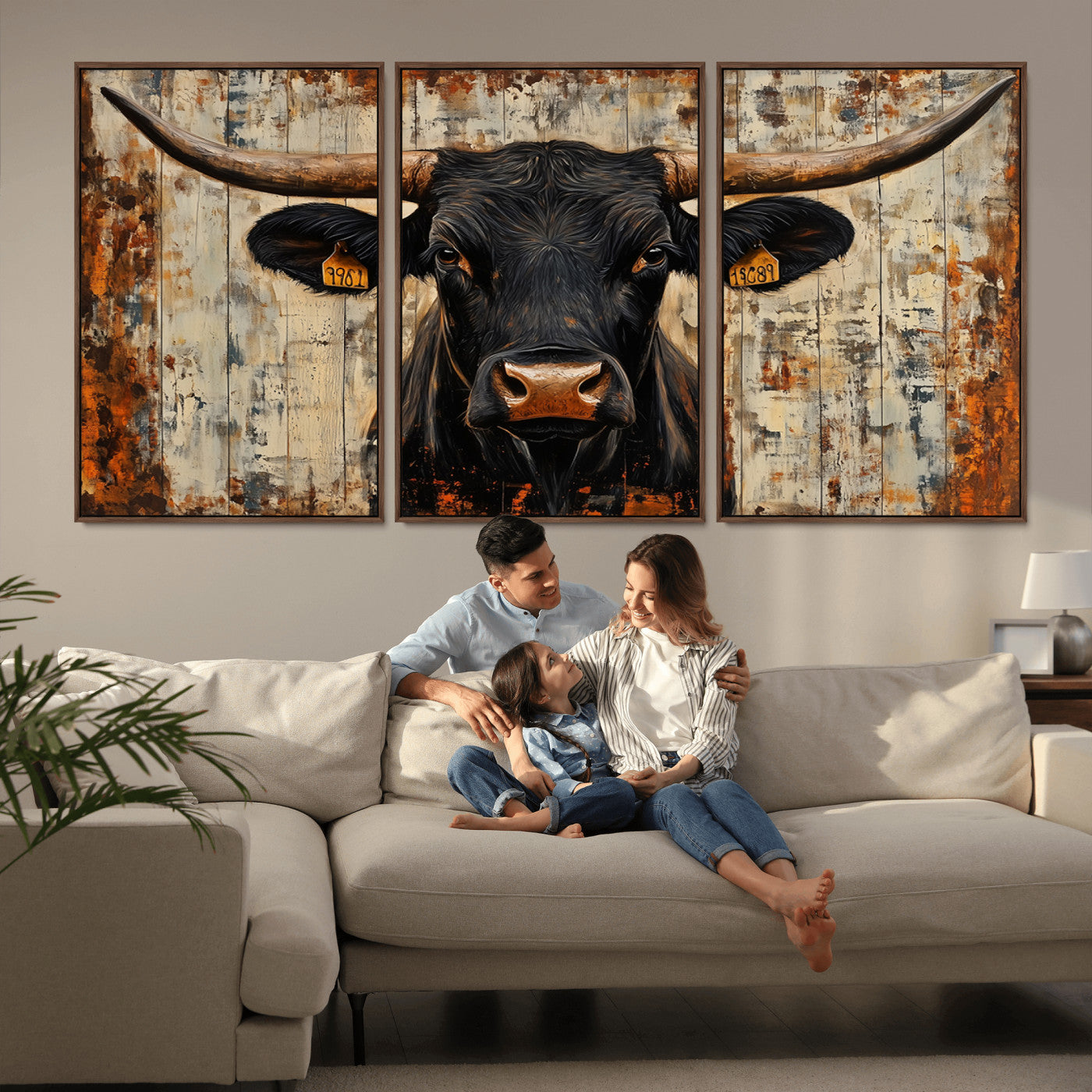 MGV-FC-60X30-3P - Rustic Texas Artwork Wall Art Canvas Print - Abstract Cow Longhorn Bull Wall Art Canvas Print