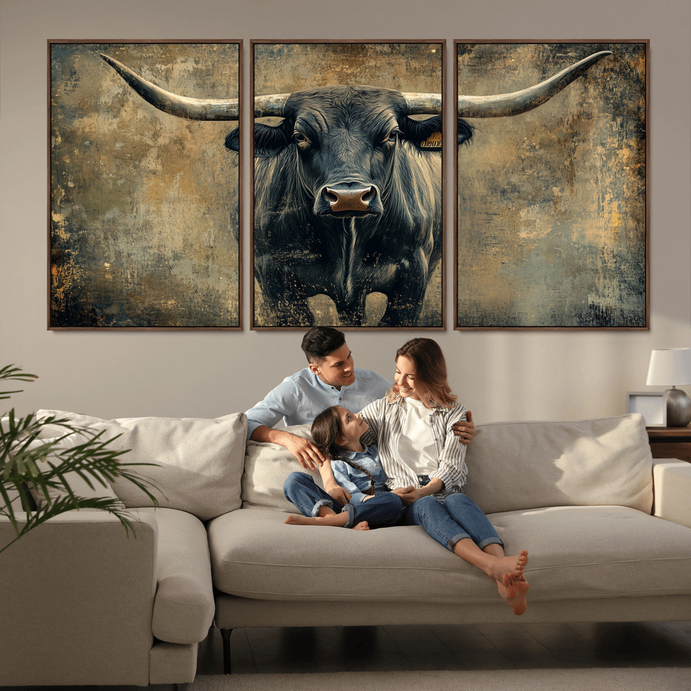 MGV-FC-60X30-3P - Longhorn Bull Wall Art Canvas Print, Framed Rustic Cow Art Picture Print, Texas Longhorn Perfect Western Decor Artwork