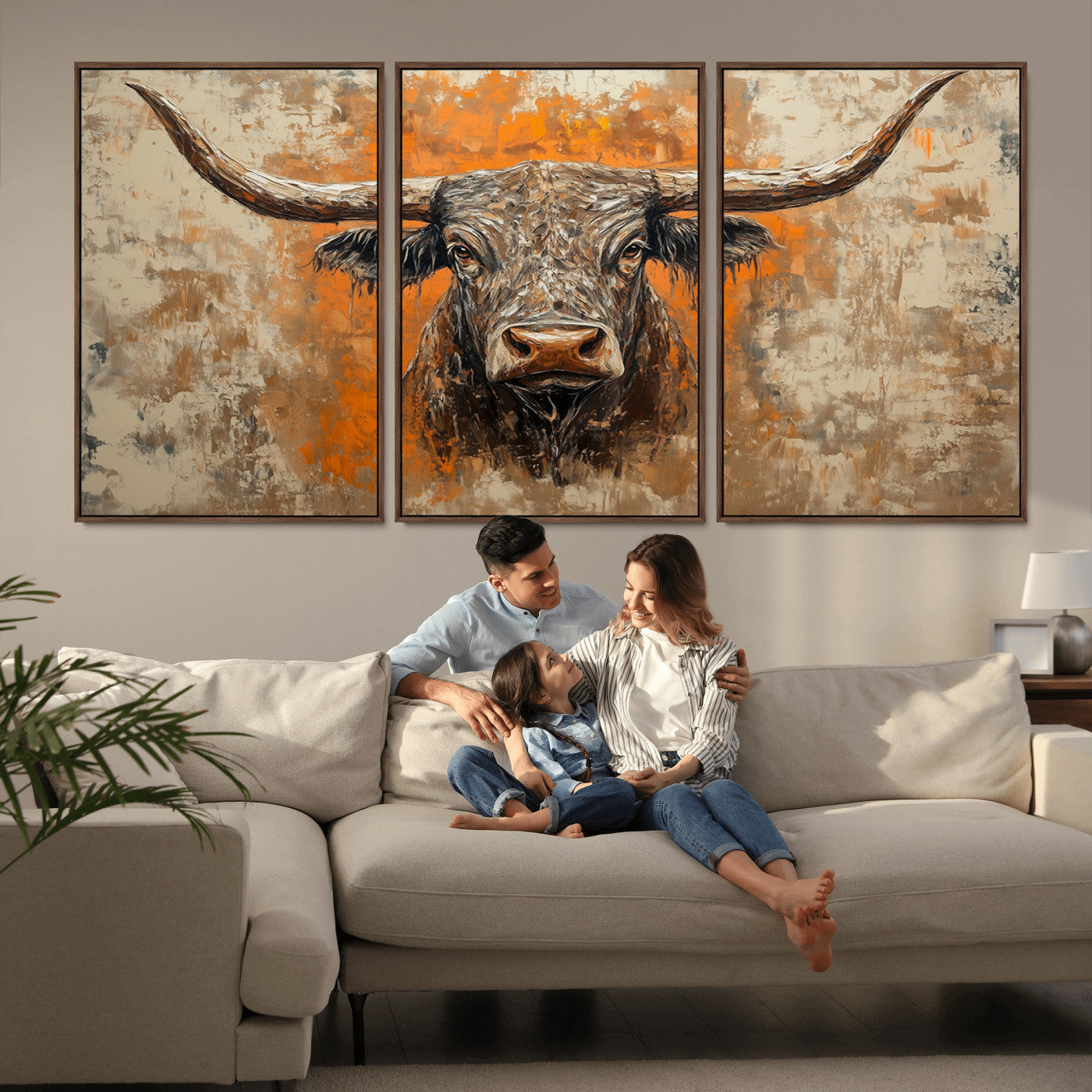 MGV-FC-60X30-3P - Abstract Cow Longhorn Bull Wall Art Canvas Print - Rustic Texas Western Cattle Artwork