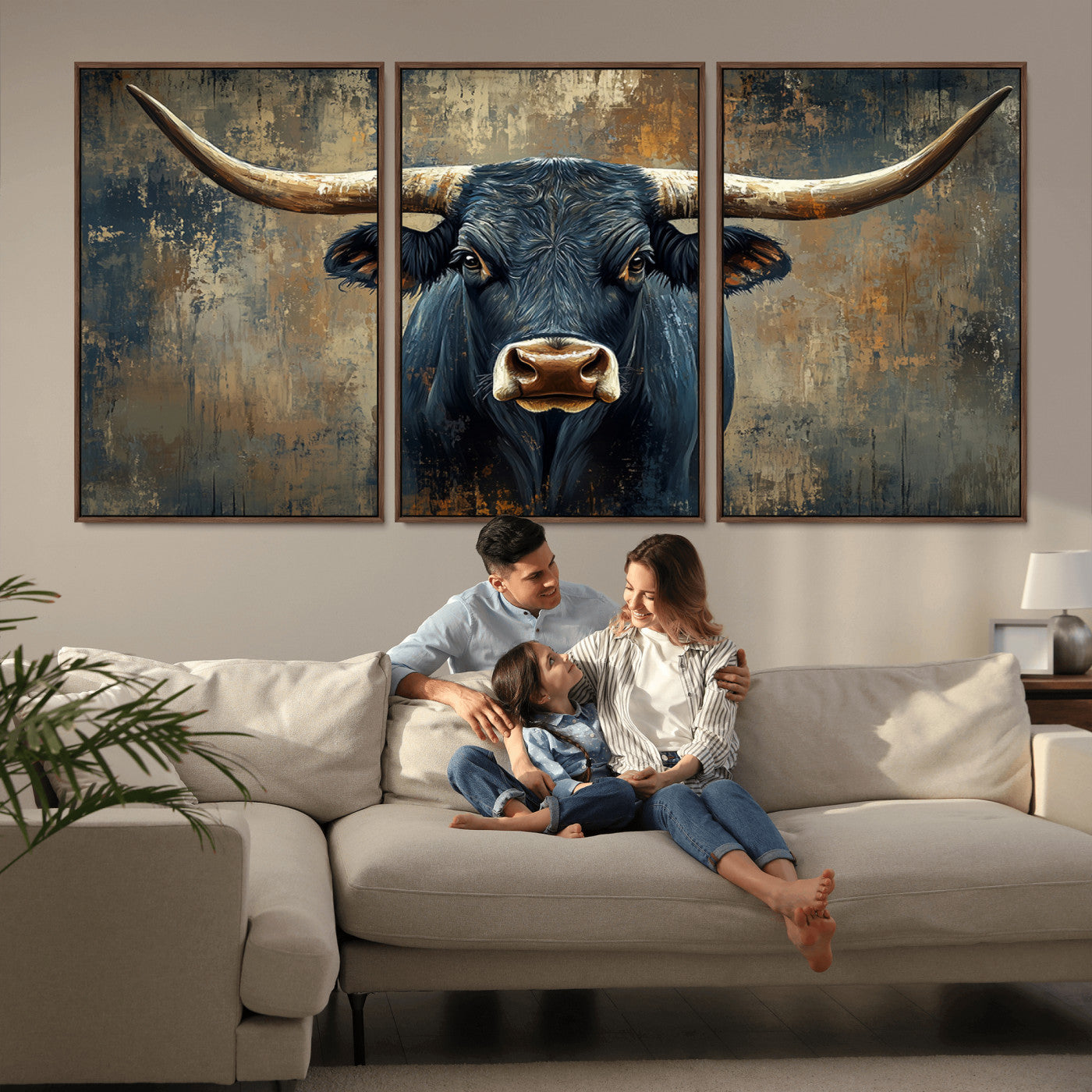 MGV-FC-60X30-3P - Texas Western Wall Art Canvas Print - Abstract Cow Longhorn Bull Wall Art Canvas Print - Rustic Cow