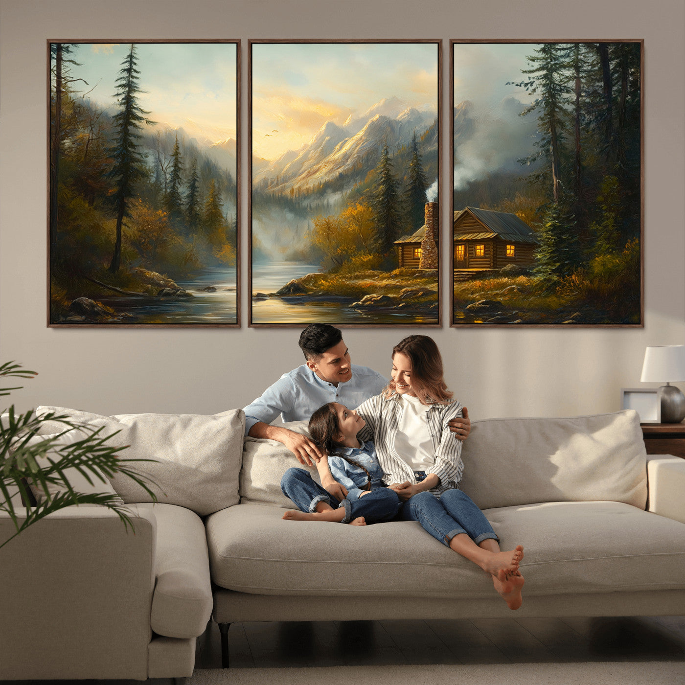 MGV-FC-60X30-3P - Wood Cabin Retreat Mountain at Sunset Wall Art Print - Serene Forest and River Landscape Wall Art