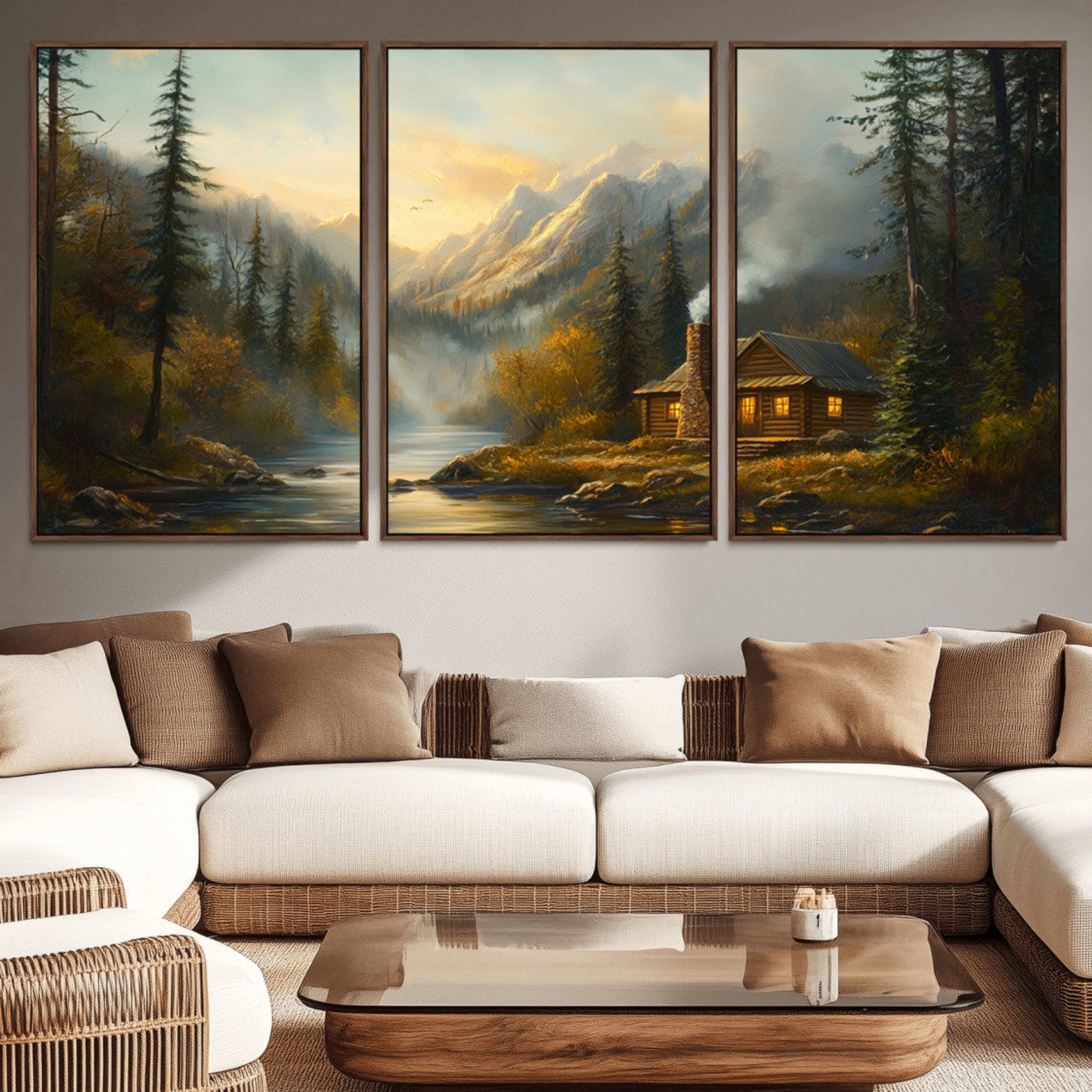 76464-MGV-CV-36X24-Wood Cabin Retreat Mountain at Sunset Wall Art Print - Serene Forest and River Landscape Wall Art