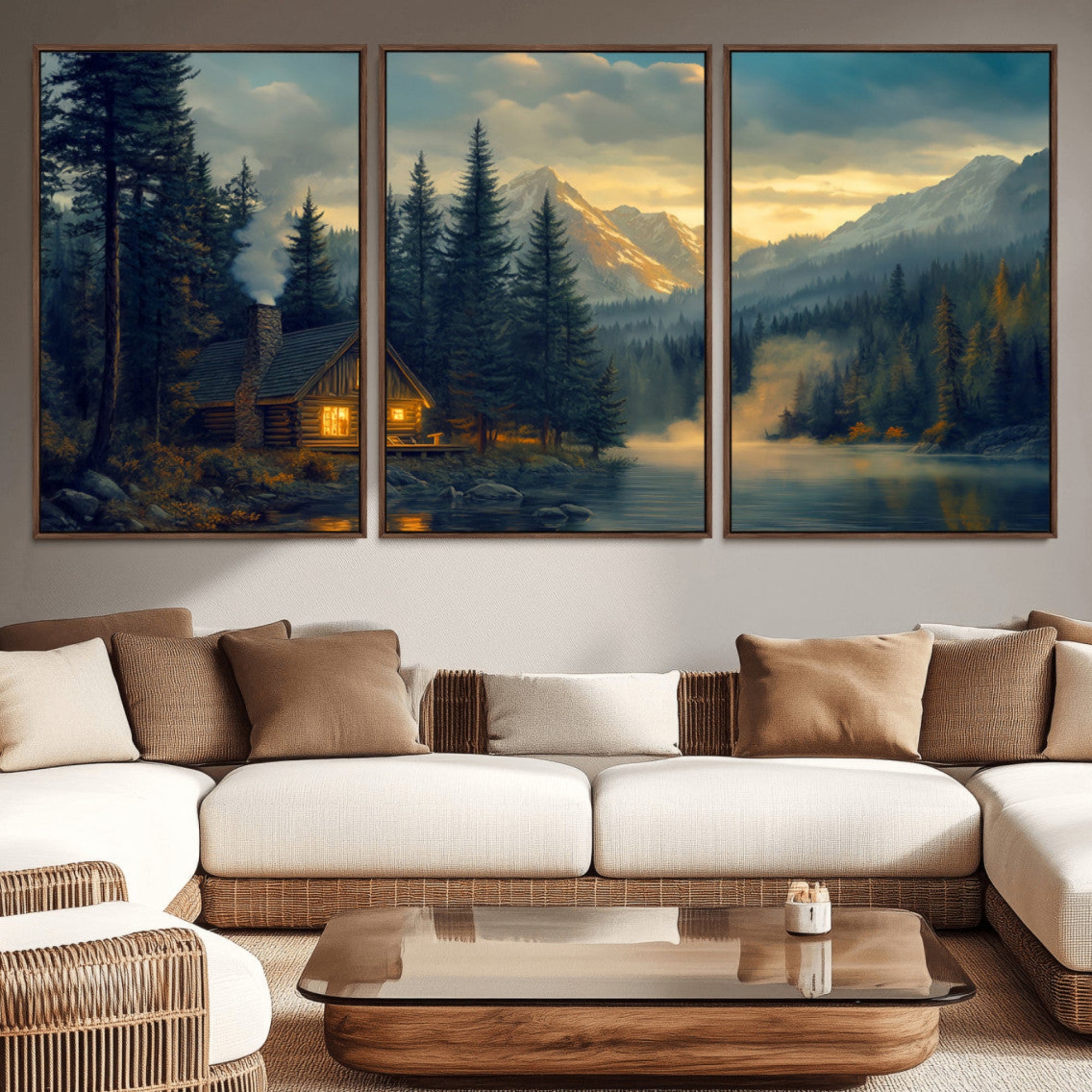 94027-MGV-CV-36X24-Mountain Cabin by the Lake at Sunset Wall Art - Serene Nature Canvas Print for Living Room Decor,
