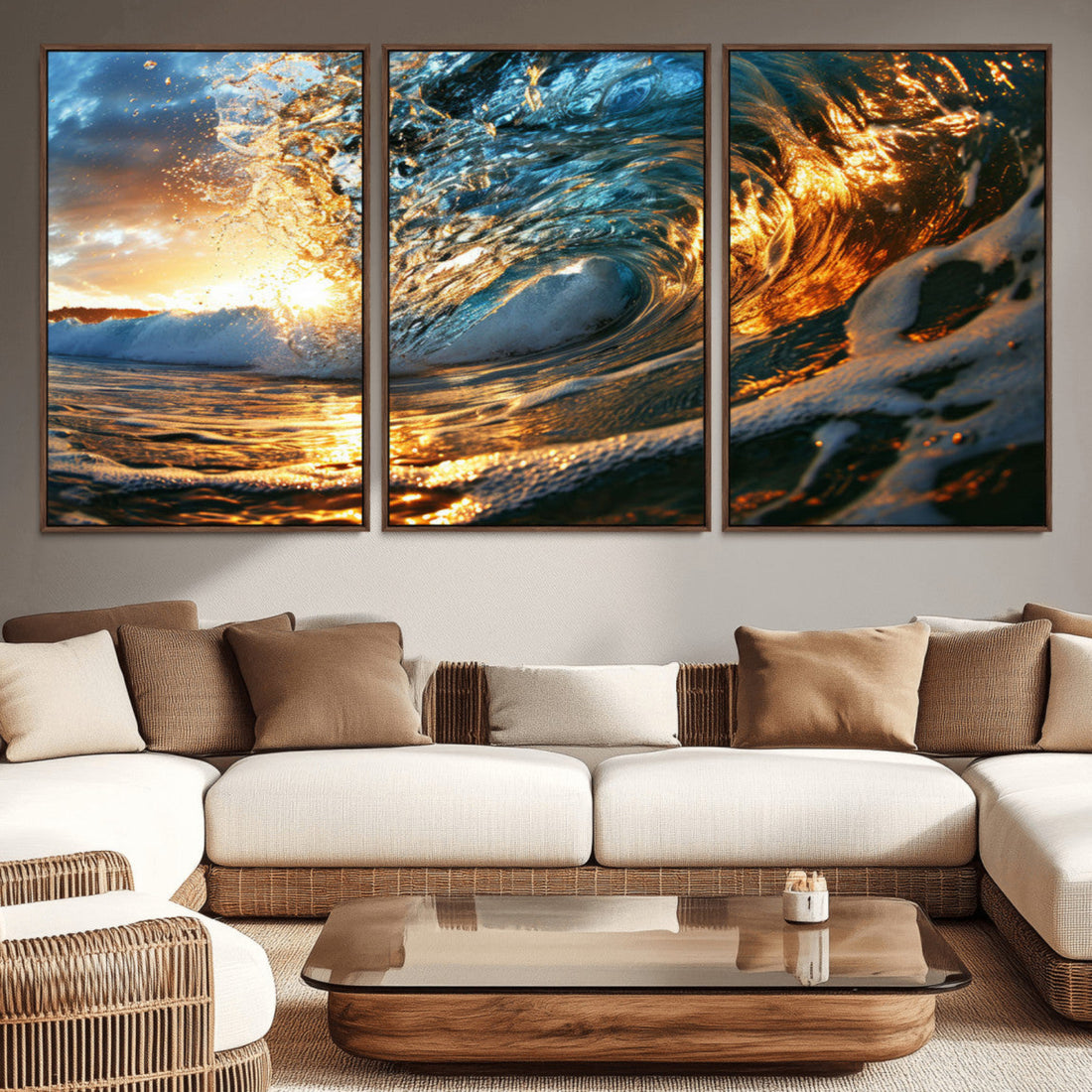 Ocean Wave at Sunset Canvas Wall Art | Vibrant Coastal Beach Waves Print