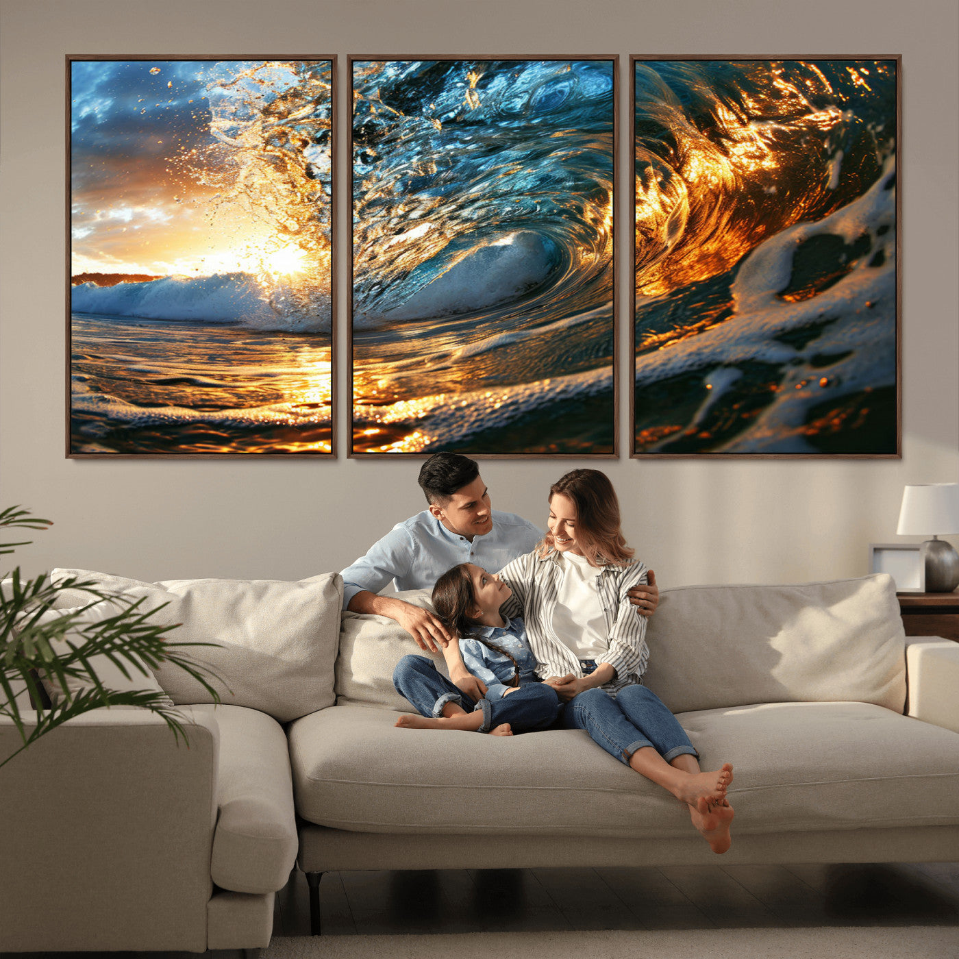 MGV-FC-60X30-3P - Ocean Wave at Sunset Canvas Wall Art – Vibrant Coastal Beach Waves Print, Large Nautical Decor,