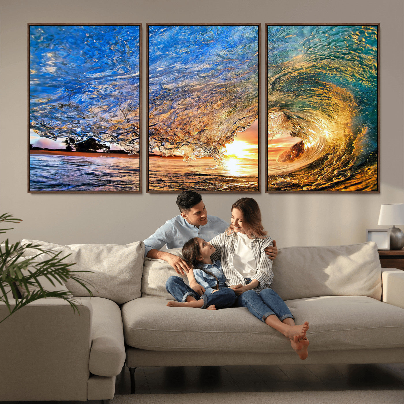 MGV-FC-60X30-3P - Ocean Wave at Sunset Canvas Wall Art – Vibrant Coastal Beach Waves Print, Large Nautical Decor,