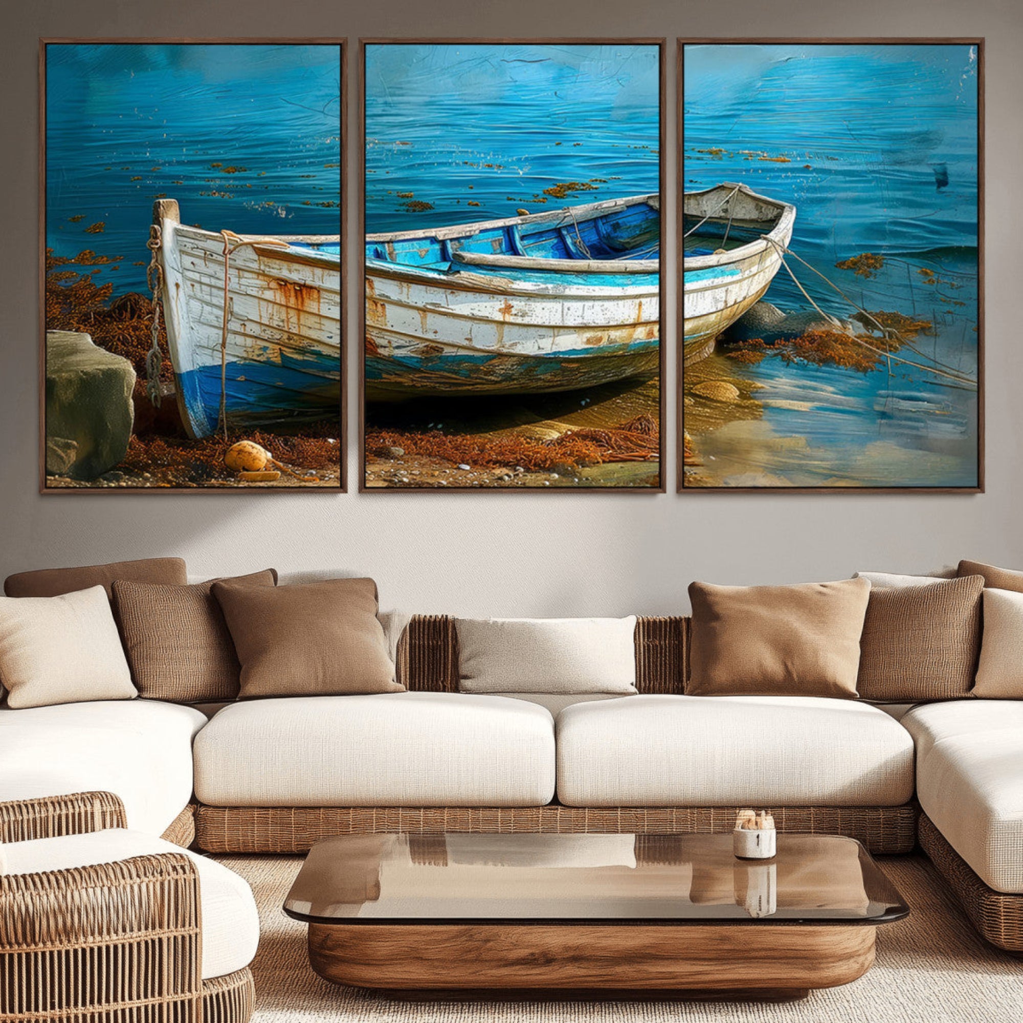 54716-MGV-CV-36X24-Vintage Boat on Tranquil Waters | Coastal Wall Art for Nautical Decor | Rustic Triptych Canvas Print