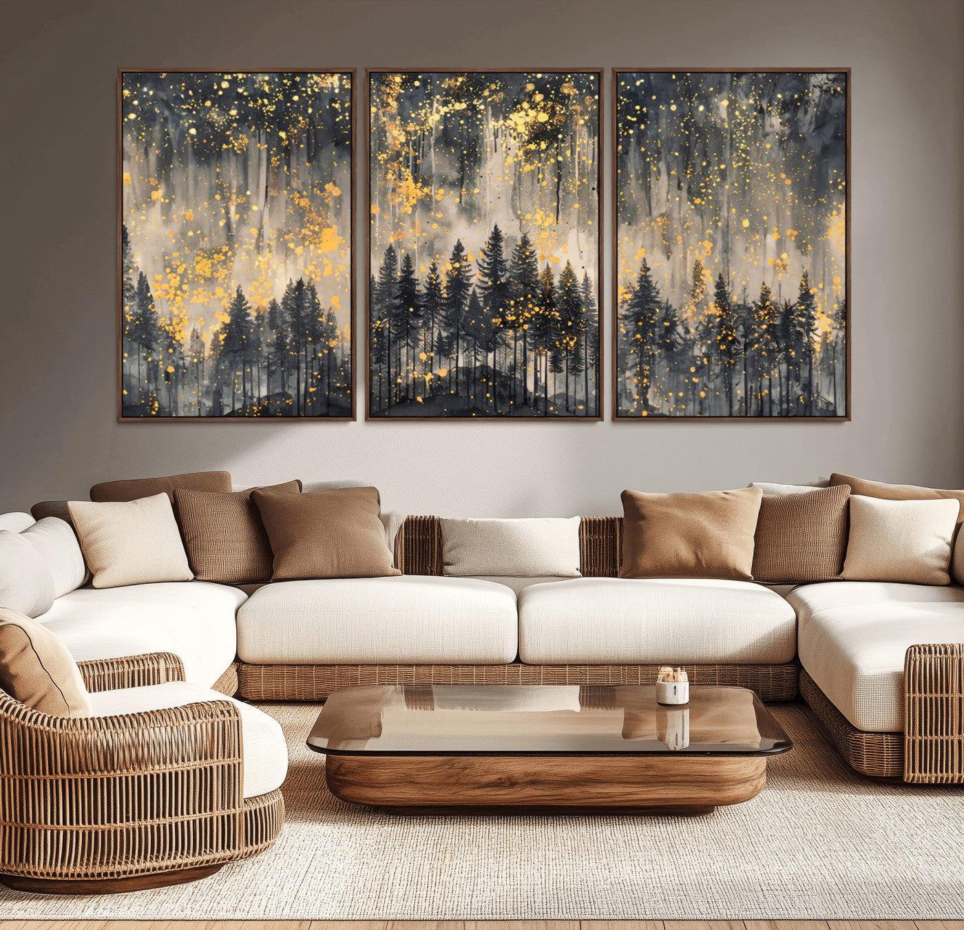 -Golden Forest Abstract Wall Art | Dark Forest with Gold Splatter Accents | Triptych Ready to Hang