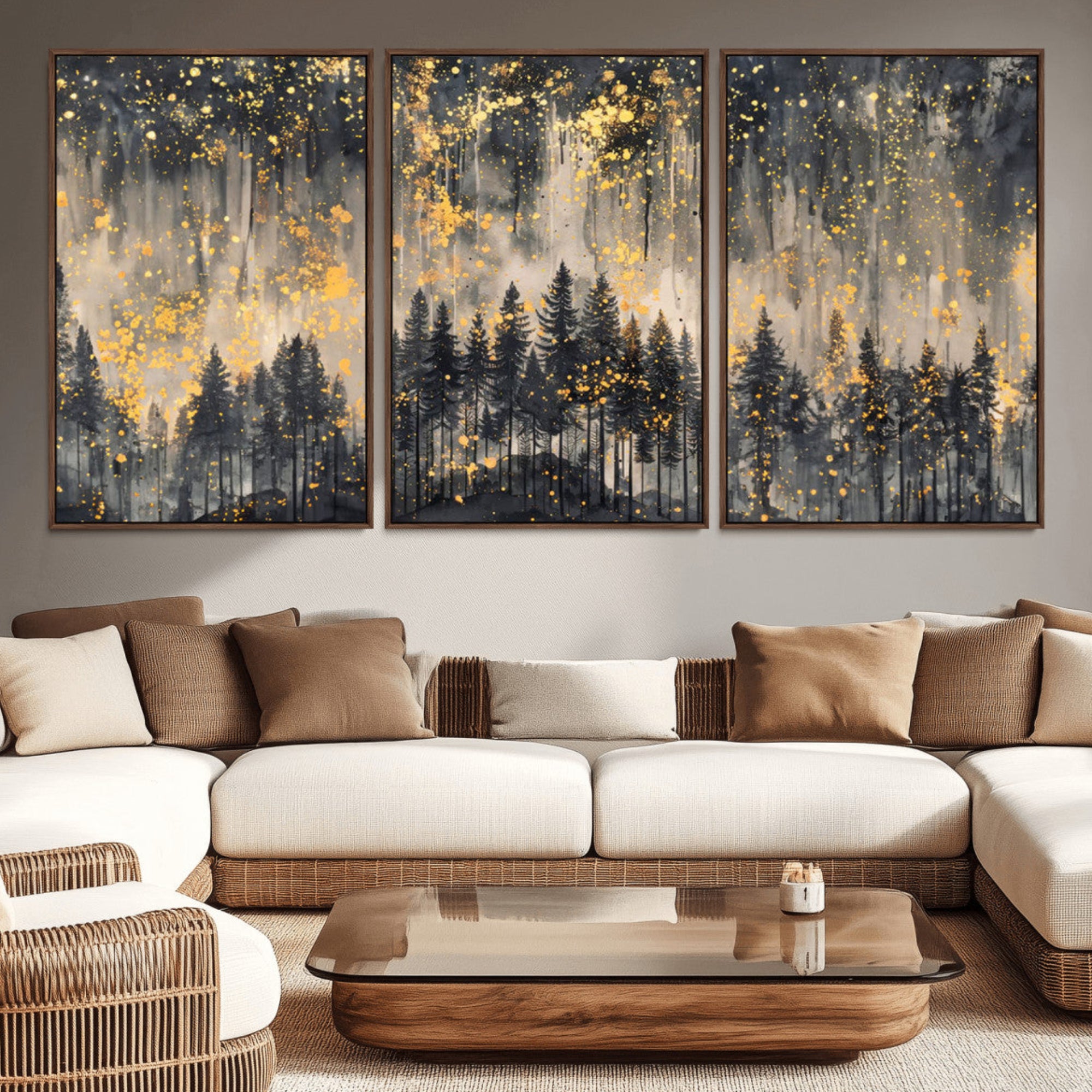 46049-MGV-CV-36X24-Golden Forest Abstract Wall Art | Dark Forest with Gold Splatter Accents | Triptych Ready to Hang