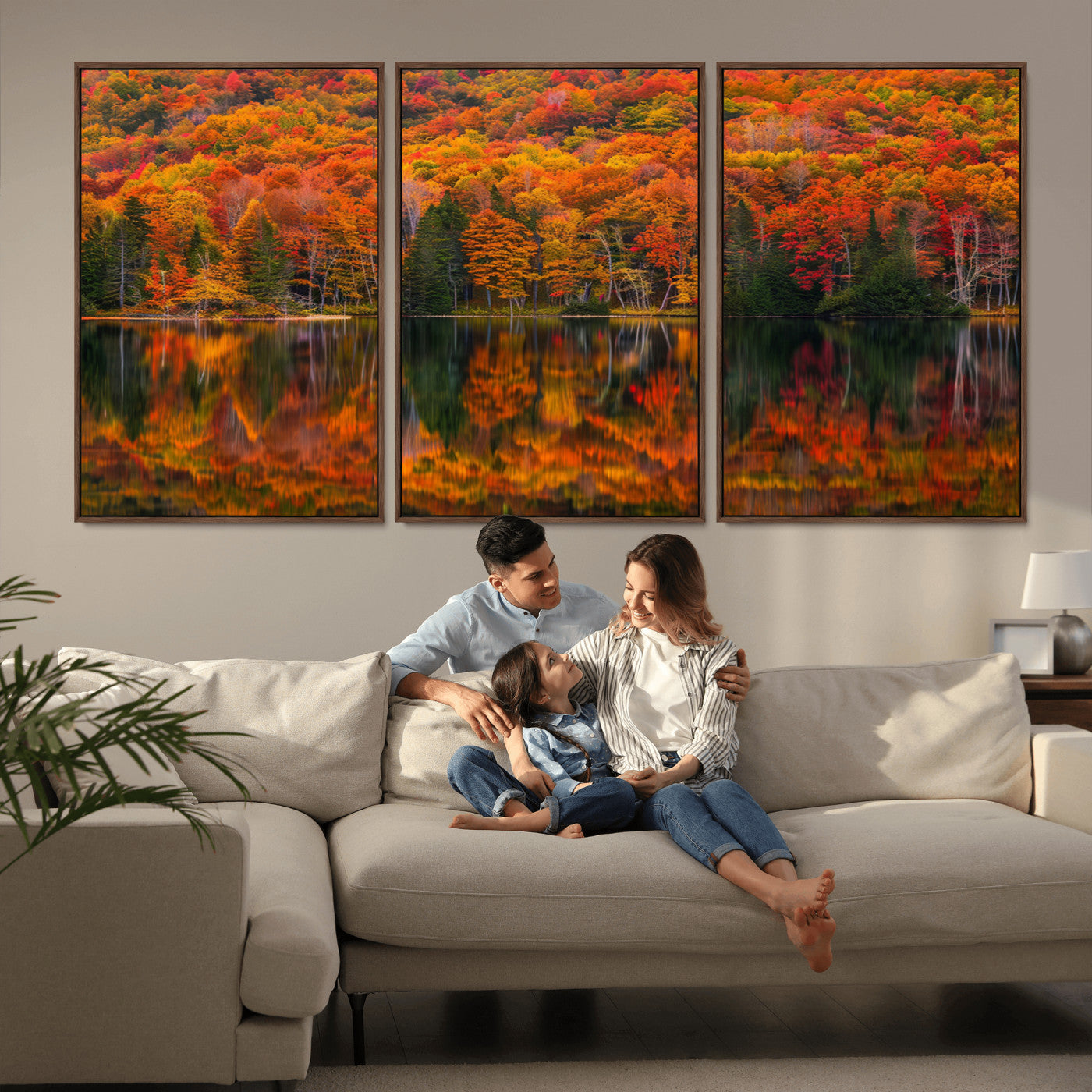 MGV-FC-60X30-3P - Fall Foliage Wall Art - Autumn Reflection Canvas Print, Stunning Fall Foliage Wall Art, Serene Lake