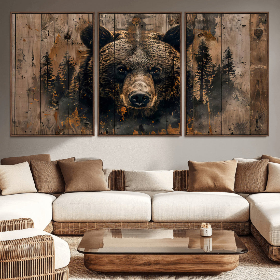 Rustic Grizzly 399 Wall Art, Triptych Canvas Print, Rustic Decor