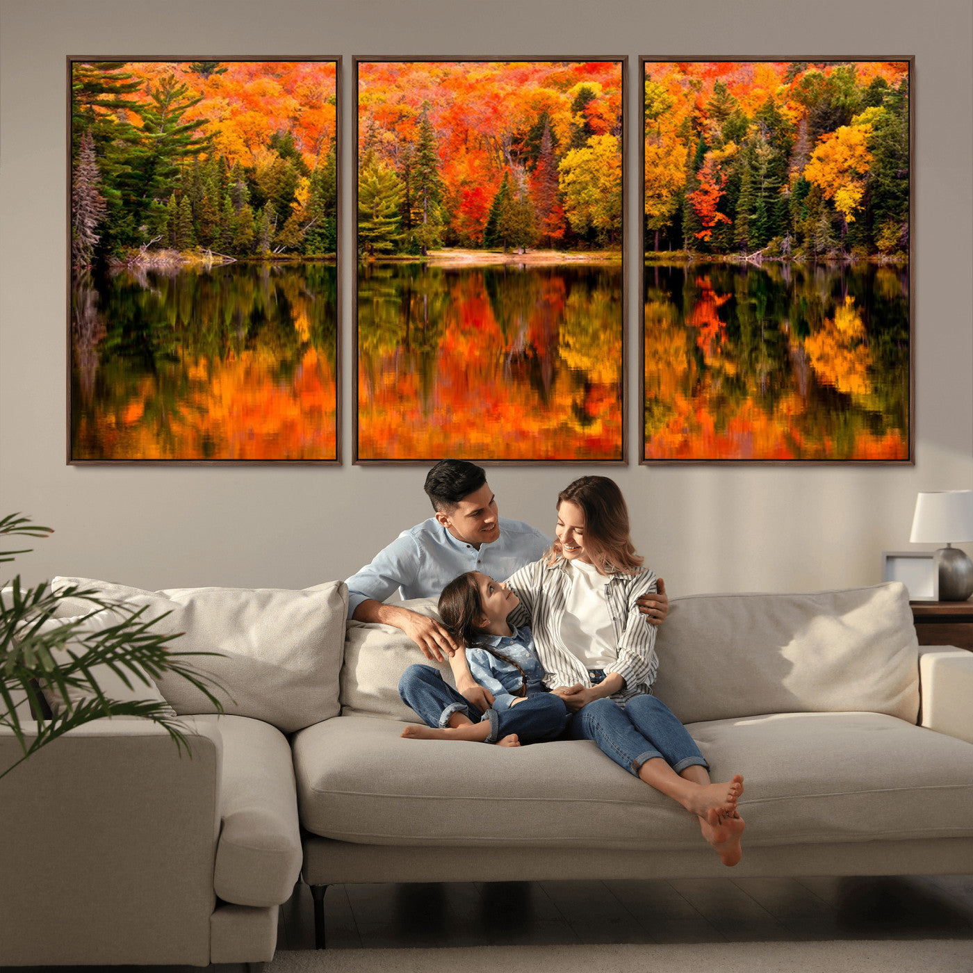 MGV-FC-60X30-3P - Forest Reflection Art | Autumn Forest Reflection Wall Art | Triptych Canvas Print | Vibrant Fall