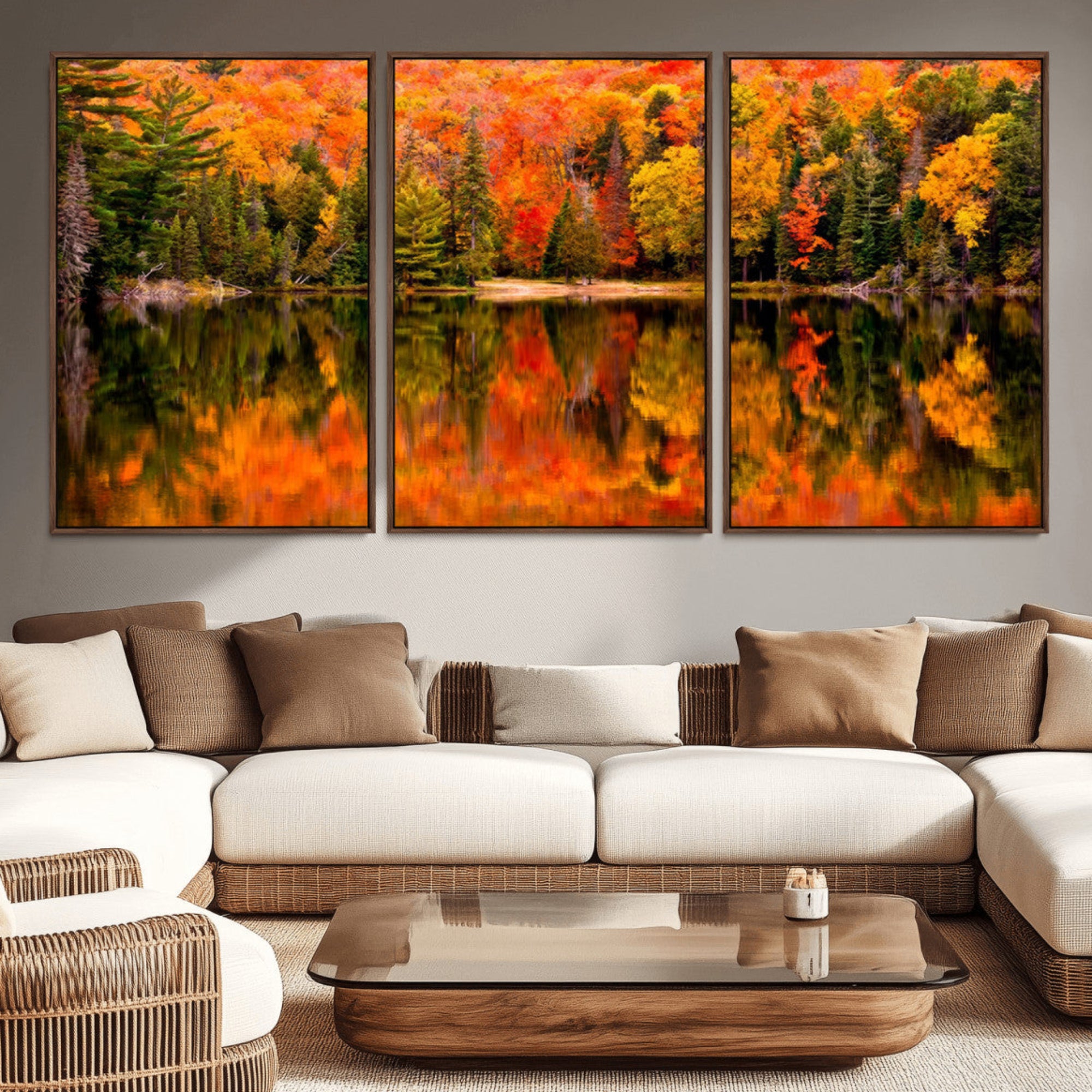 75397-MGV-CV-36X24-Forest Reflection Art | Autumn Forest Reflection Wall Art | Triptych Canvas Print | Vibrant Fall