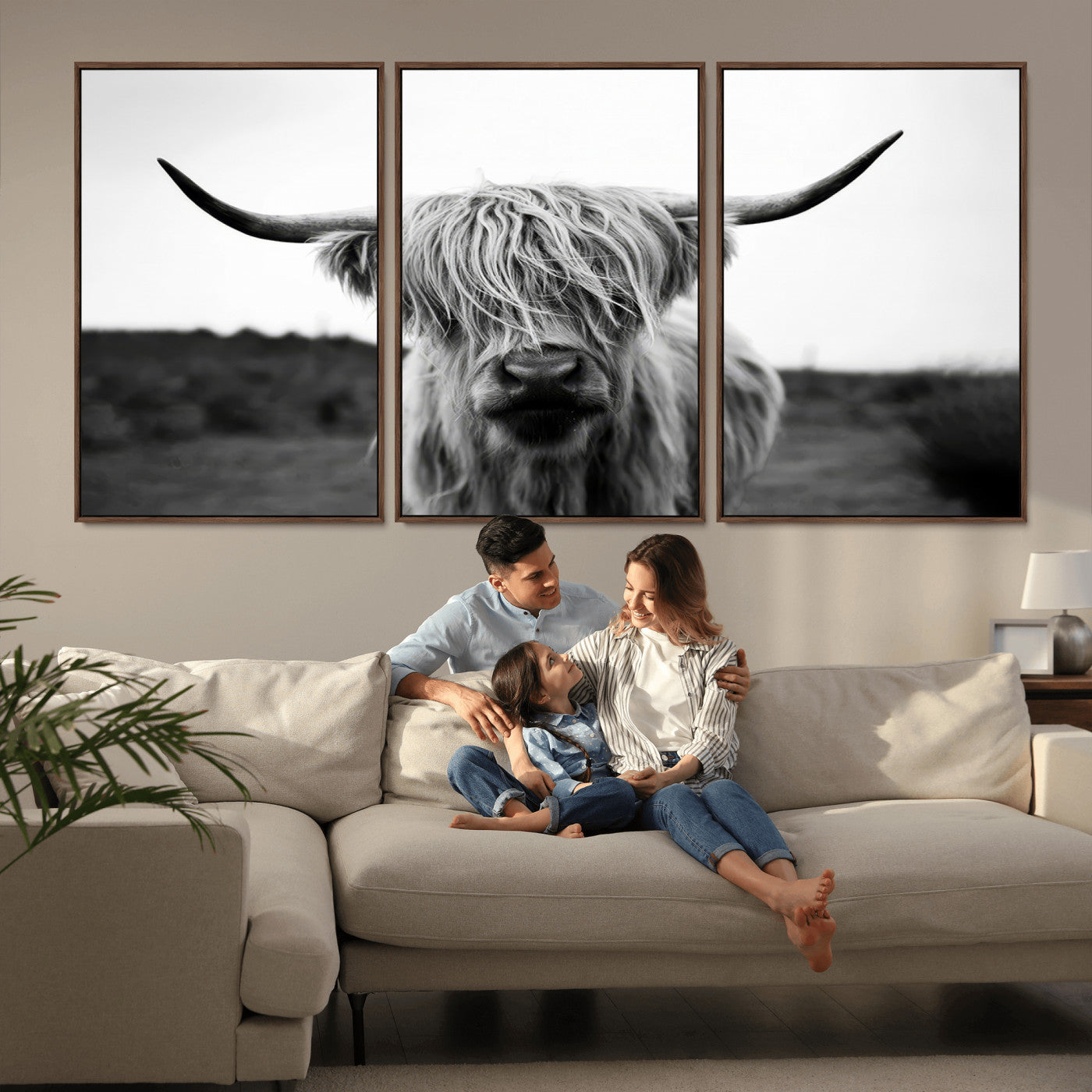 MGV-FC-60X30-3P - Highland Cow Wall Art | Black and White Farmhouse Decor | Triptych Canvas Print | Rustic Barn Decor