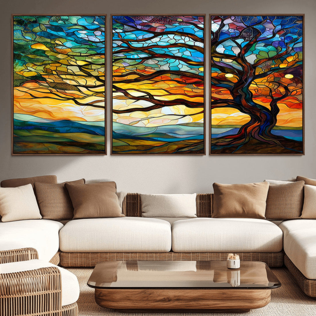 Vibrant Mosaic Tree of Life Wall Art, Stained Glass Style Canvas Print