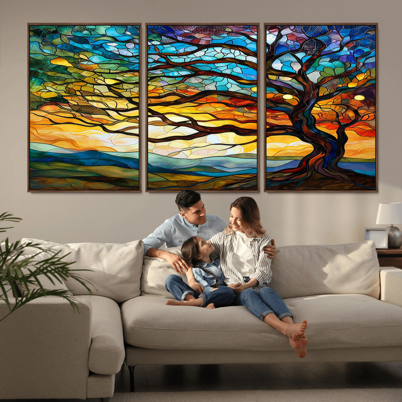 MGV-FC-60X30-3P - Vibrant Mosaic Tree of Life Wall Art | Stained Glass Style Canvas Print | Ready to Hang Artistic
