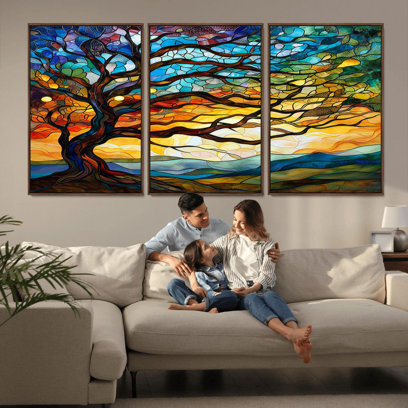 MGV-FC-60X30-3P - Mosaic Tree Wall Art | Ready to Hang Stained Glass Style Canvas Print | Farmhouse Wall Decor, Cabin