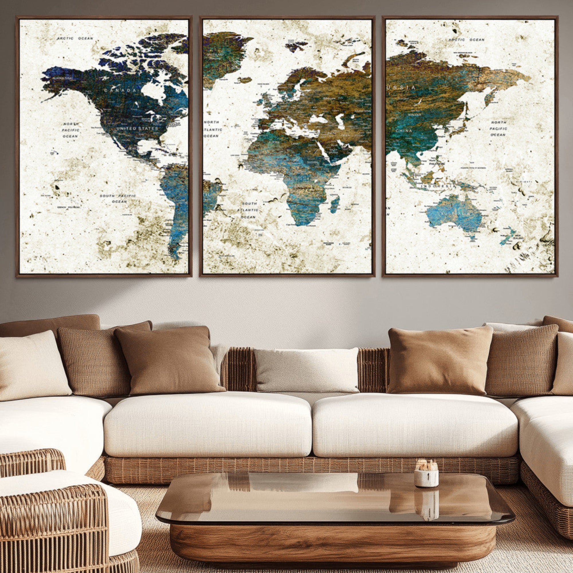 89176-MGV-CV-36X24-Vintage Blue and Brown World Map Canvas Wall Art – Framed Rustic Map Print, Earth Tone Travel Decor for Stylish Home and Office Walls