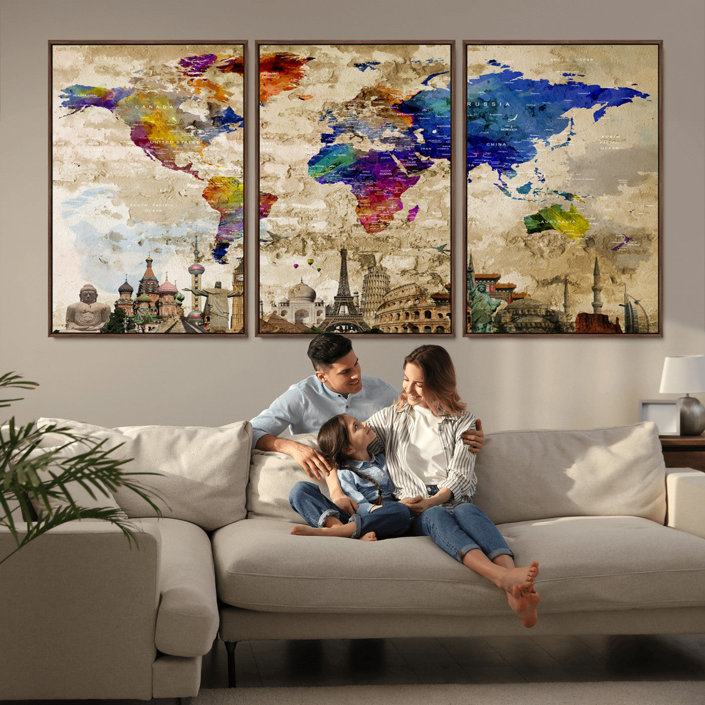 MGV-FC-60X30-3P - Push Pin World Map Canvas Print – Framed Wall Art for Couples to Track Their Travels – Anniversary